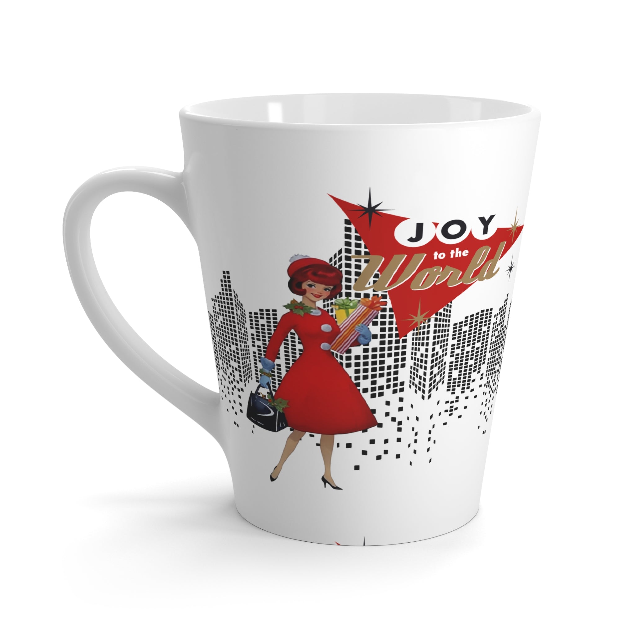 Holiday Kitschy Mod Gal, Mid Century Modern Christmas Vintage Inspired Joy to the World Latte Mug - Mid Century Modern Gal