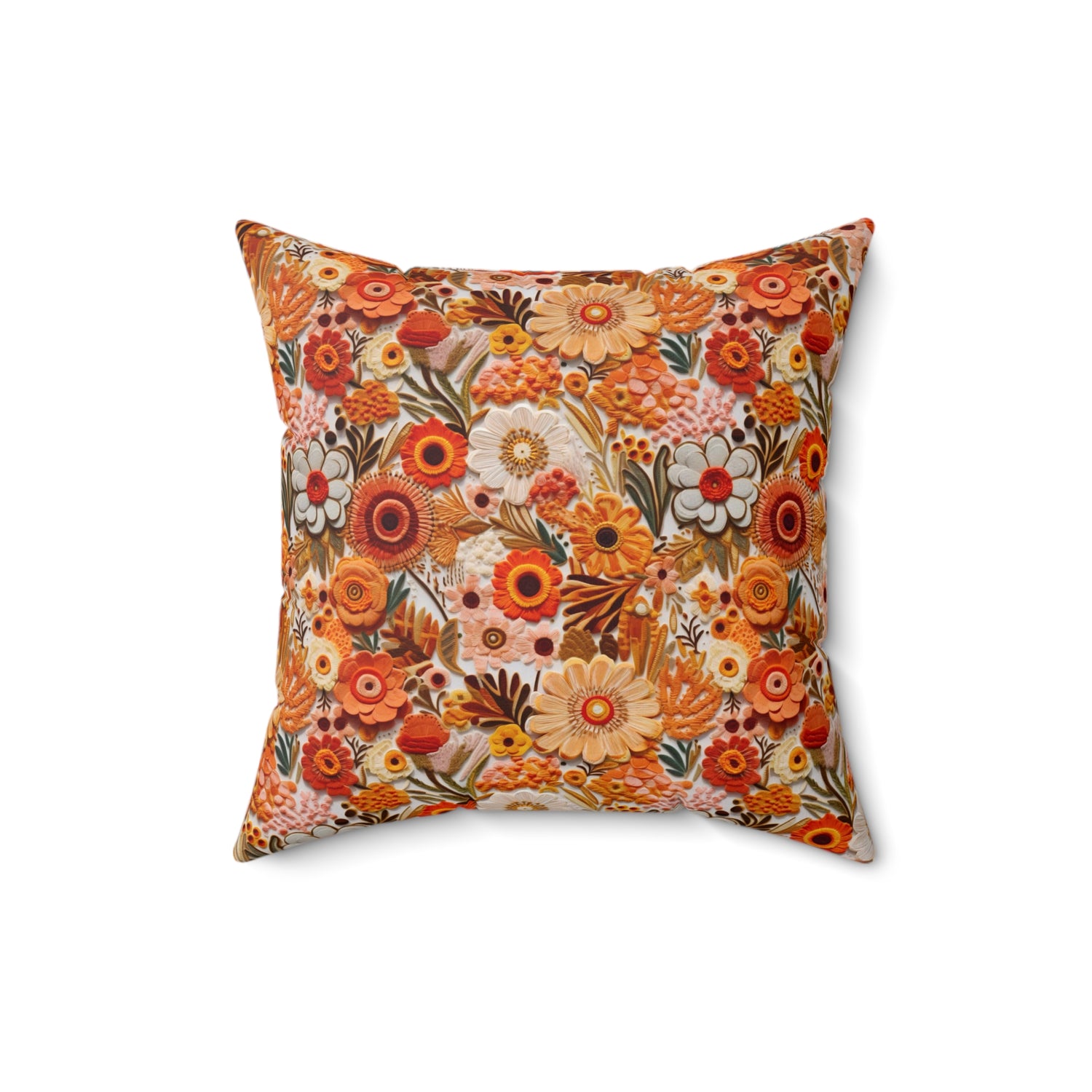 1970s Harvest Gold, Orange, Faux Embroidered Pillow And Insert - Mid Century Modern Gal