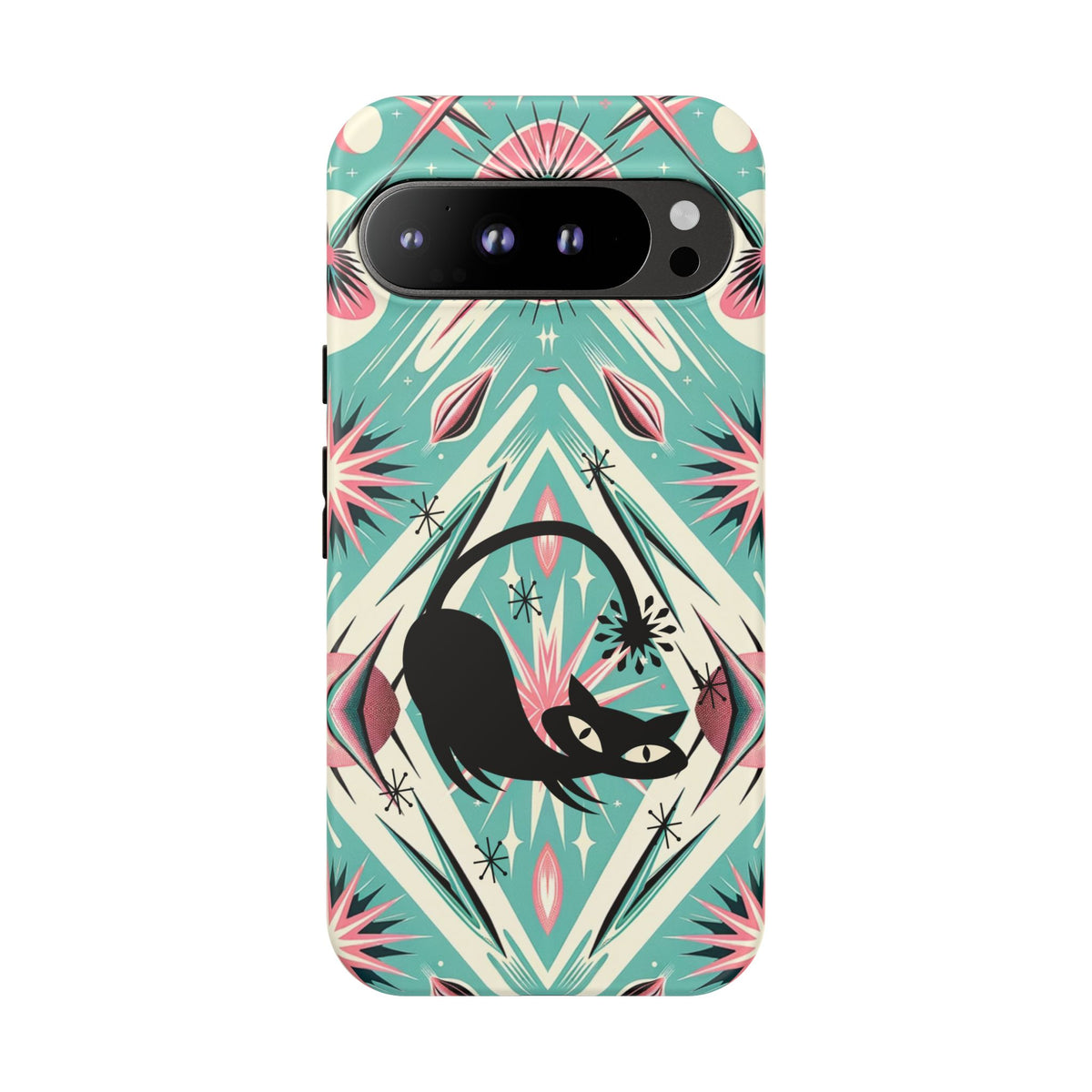 Atomic Cat, Mid Century Modern Aqua Blue, Pink, Starbursts Tough Phone Case