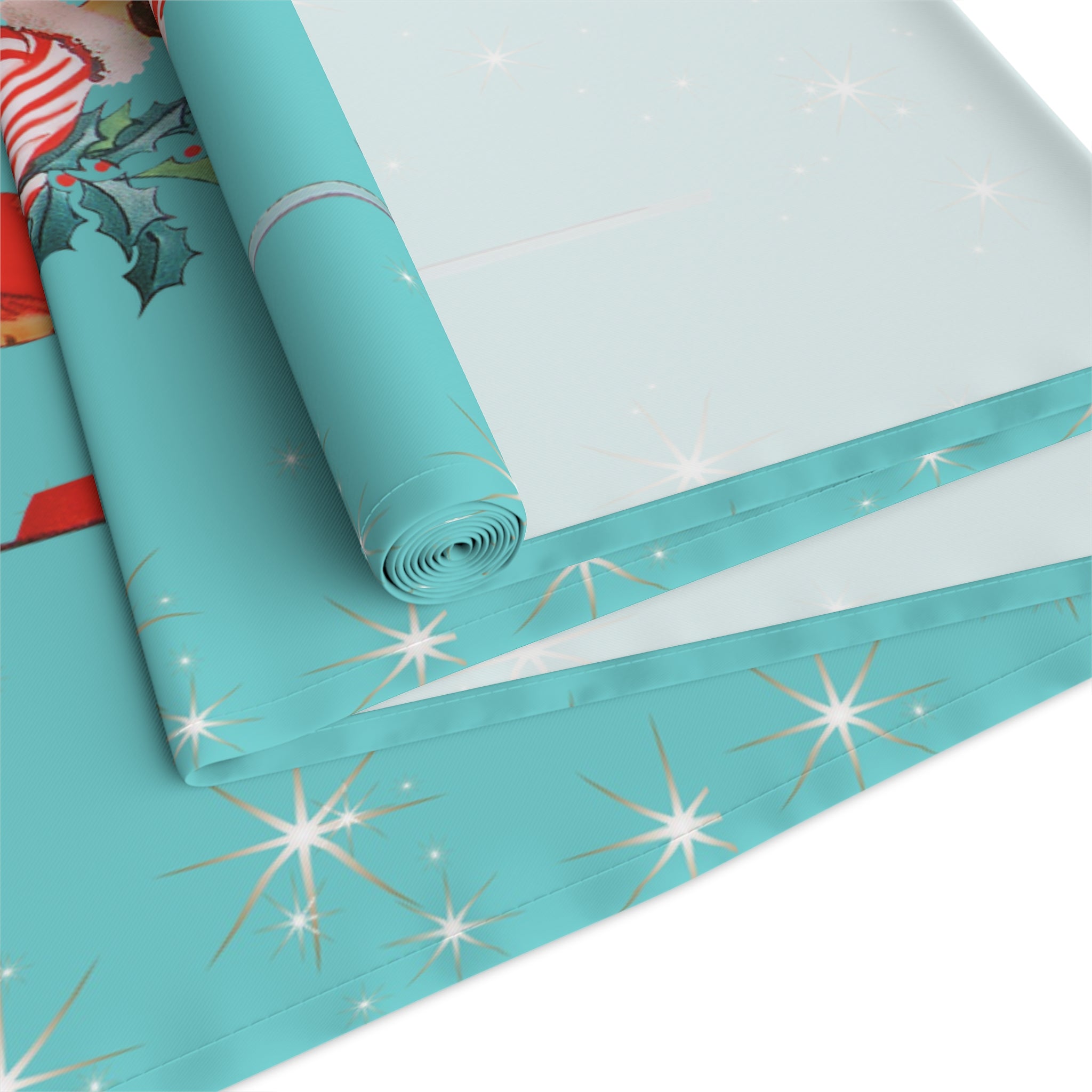 Whimsical 50s Retro Vintage Table Runner, Aqua Blue, North Pole Express, Vintage 50s Gal Holiday Christmas Table Linens - Mid Century Modern Gal