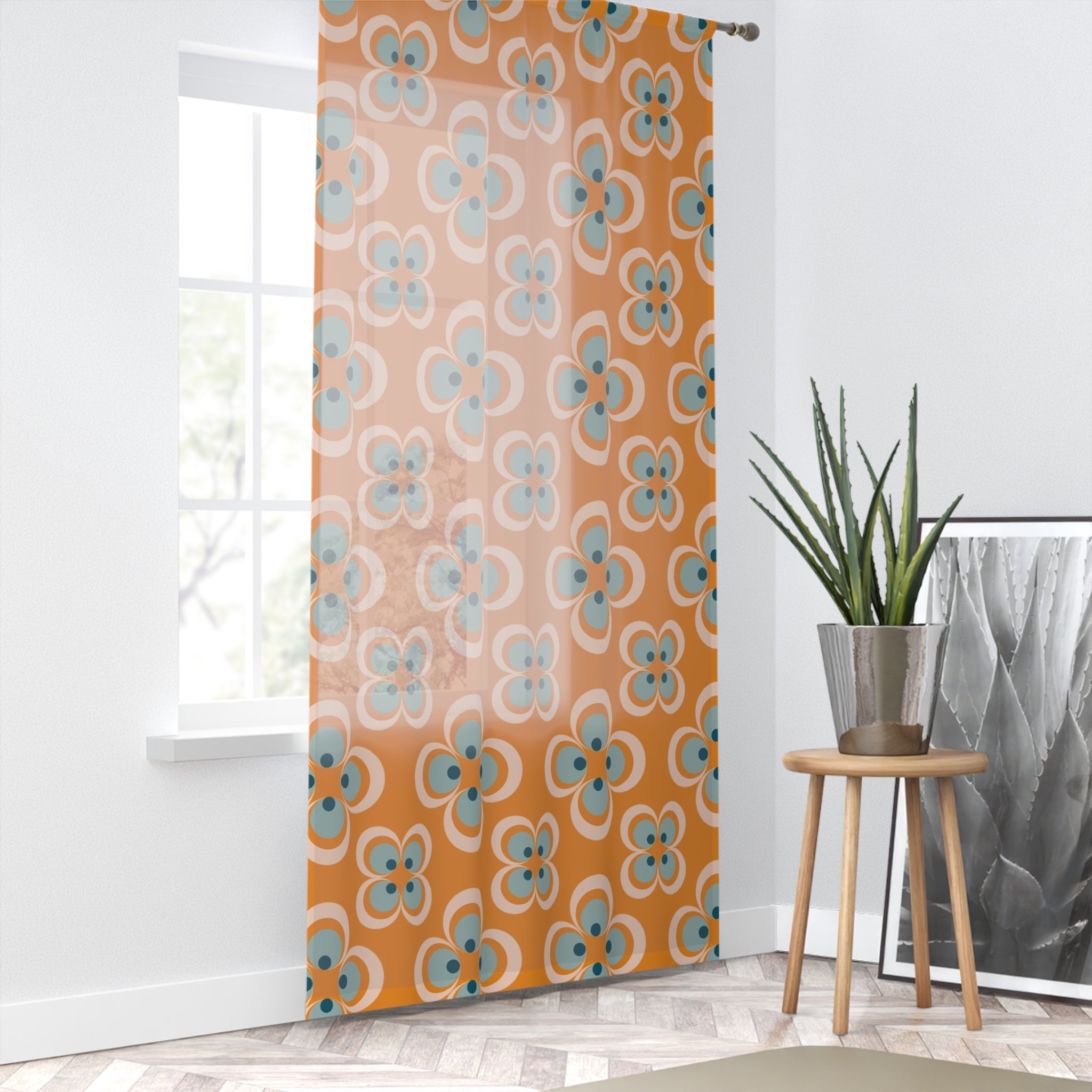 Scandinavian Orange Blue, Mid Century Moder Sheer Window Curtain - Mid Century Modern Gal