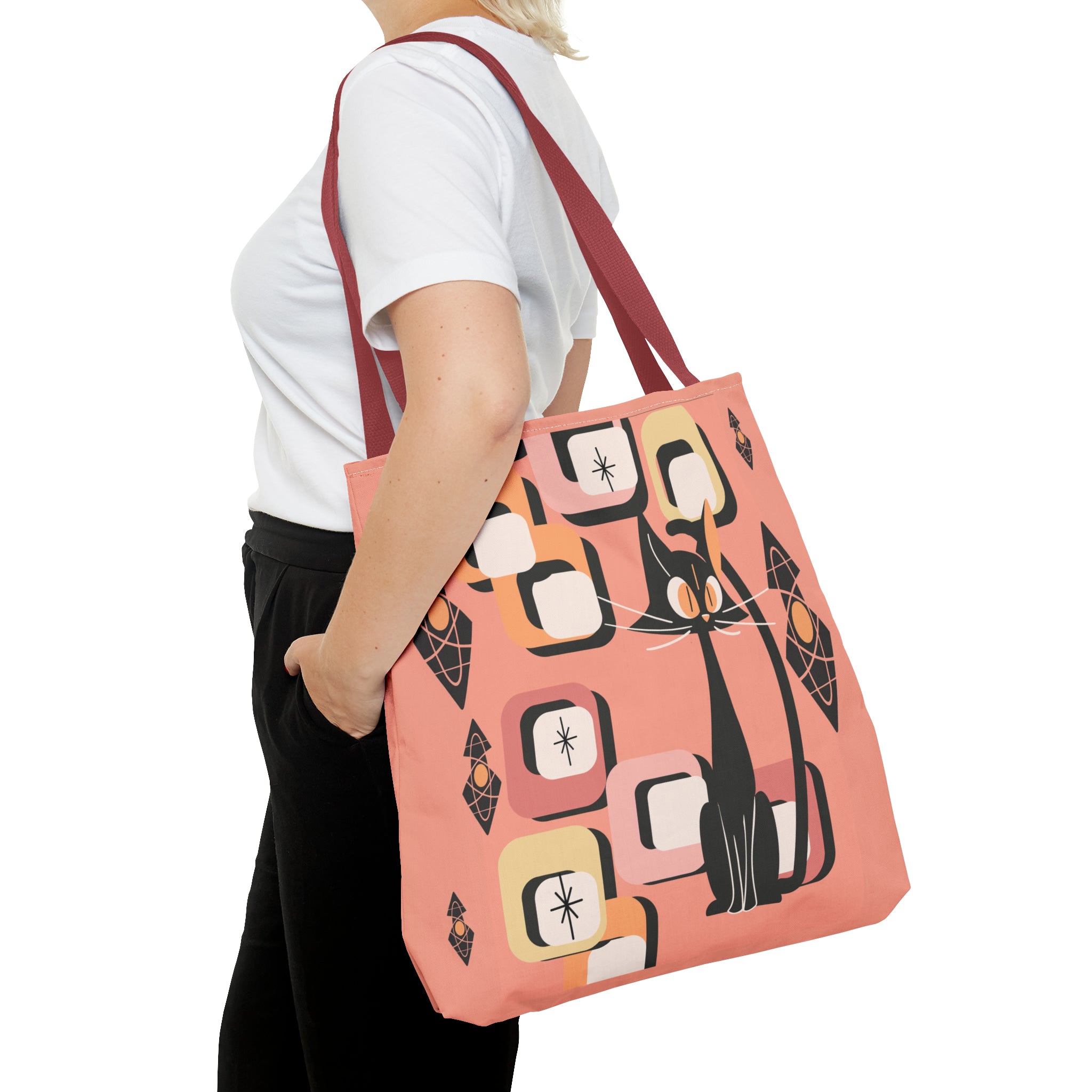 Atomic Cat Tote Bag, Coral Color, Mid Century Modern Geometric Designs, Mid Mod Retro Apparel - Mid Century Modern Gal