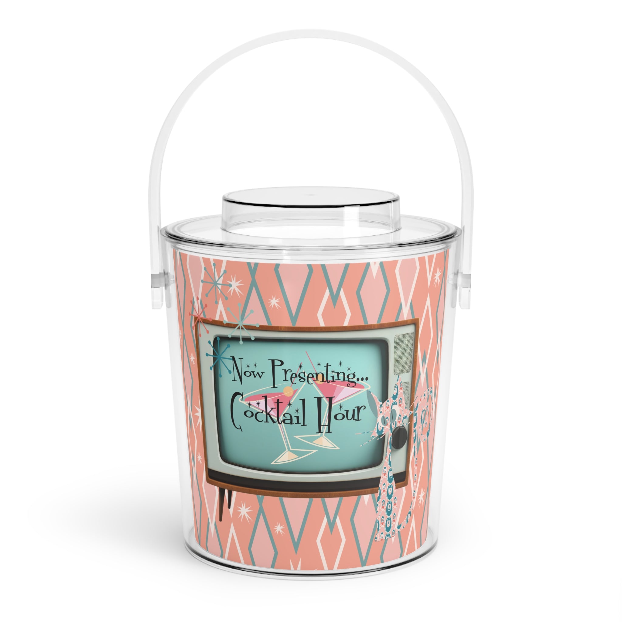 Mid Century Modern Barware, Atomic Cat, Now Presenting Cocktail Hour, Kitschy 50s Designed, Retro Ice Bucket with Tongs - Mid Century Modern Gal