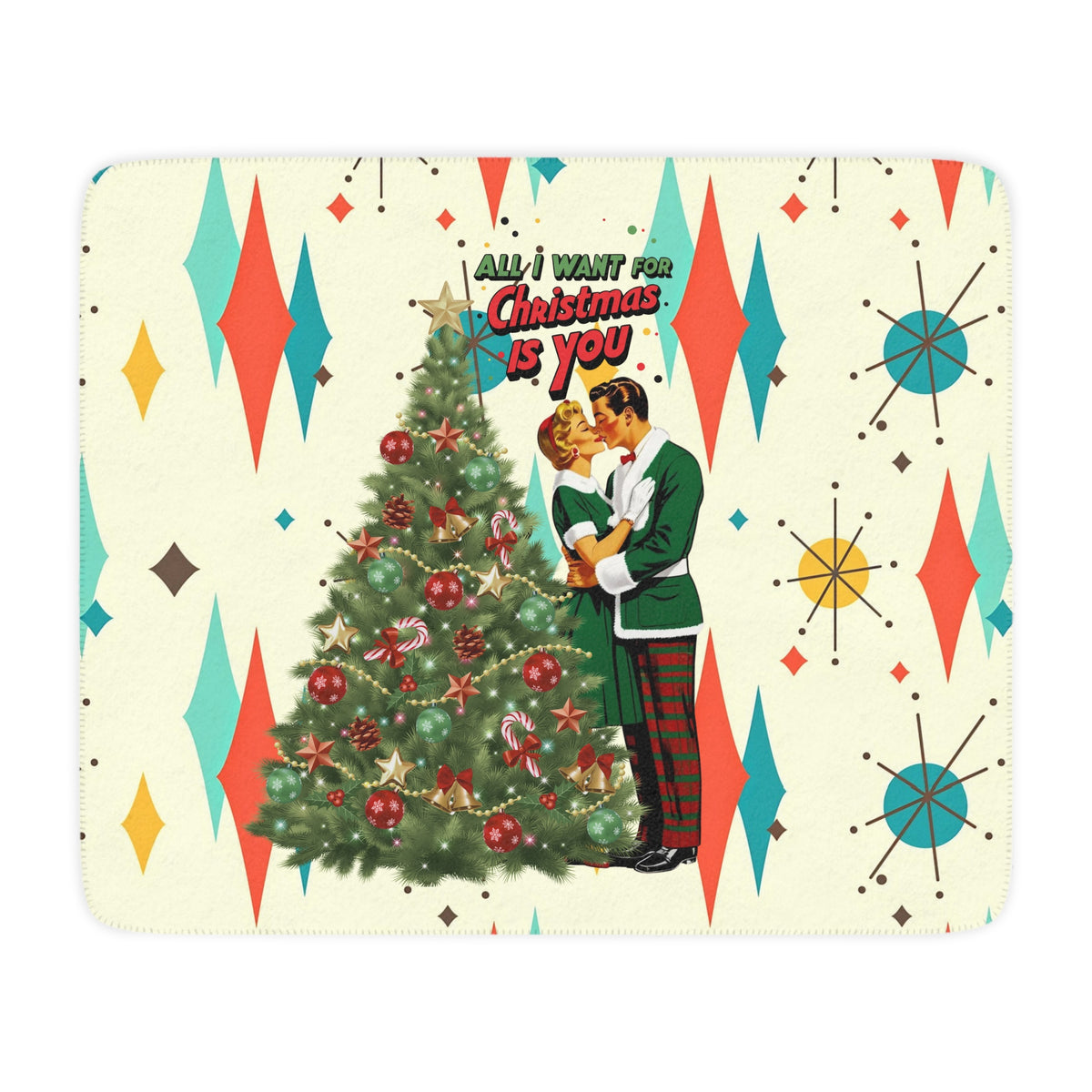 Mid Century Modern Christmas Franciscan Starburst Vintage Couple Cozy Holiday Blanket – 'All I Want for Christmas Is You' - Mid Century Modern Gal