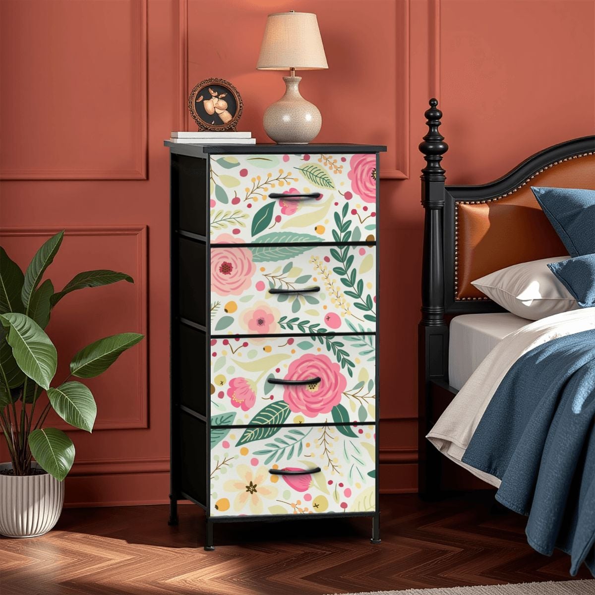Floral Pink Mid Century Modern 4-Drawer Dresser