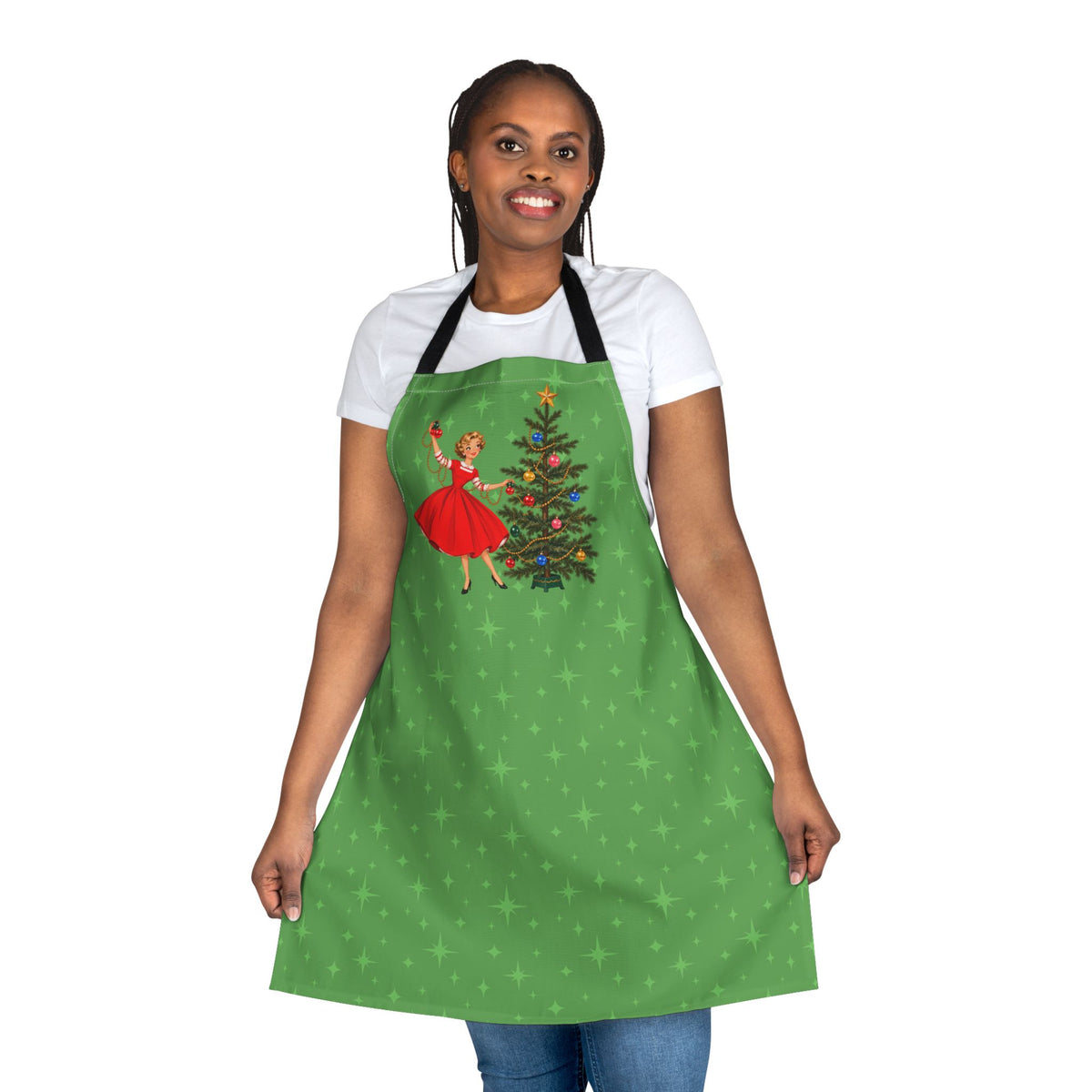 Mid Century Modern Gal Decorating Christmas Tree, Green Atomic Starbursts Apron