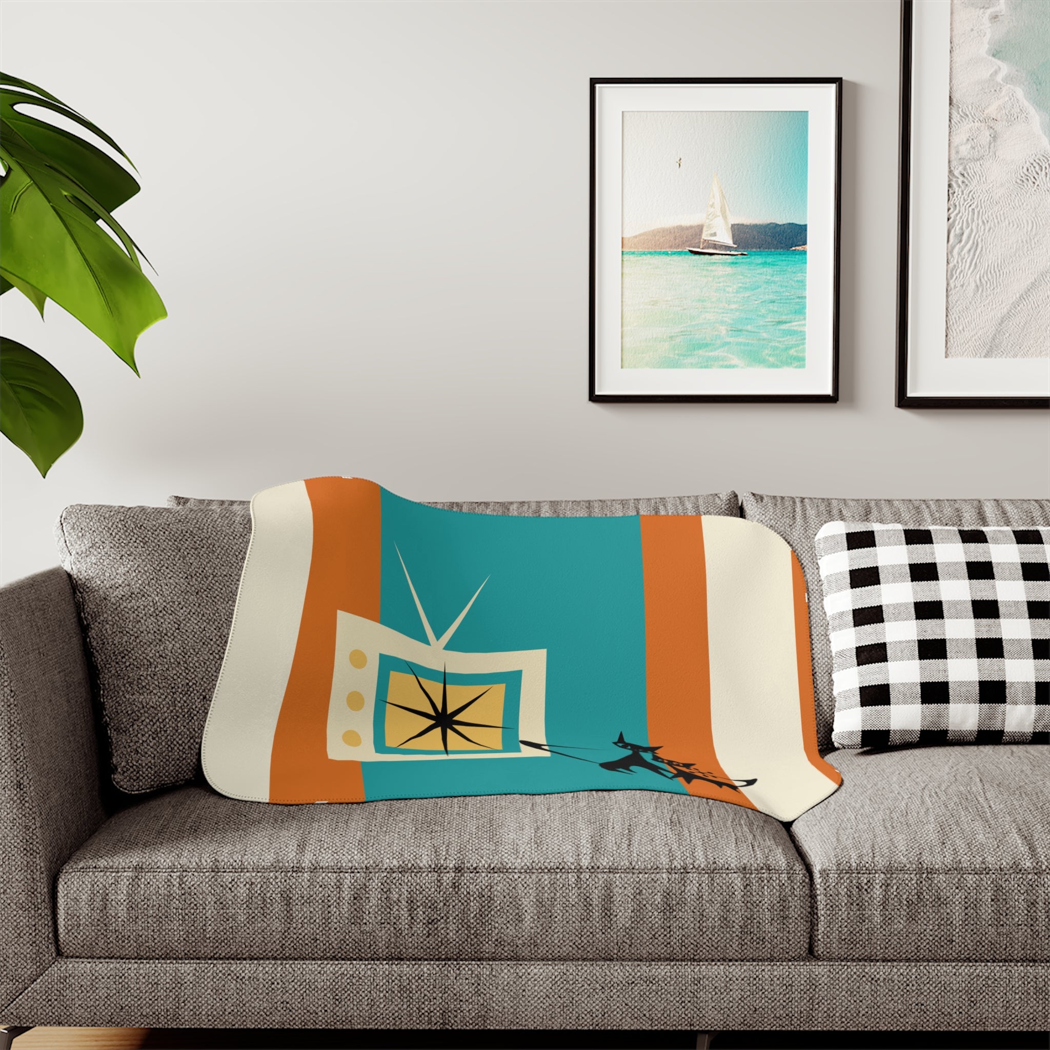 Atomic Kittie Cats, Mid Century Modern Teal, Orange Retro Cozy Cat-Themed Sherpa Blanket - Mid Century Modern Gal