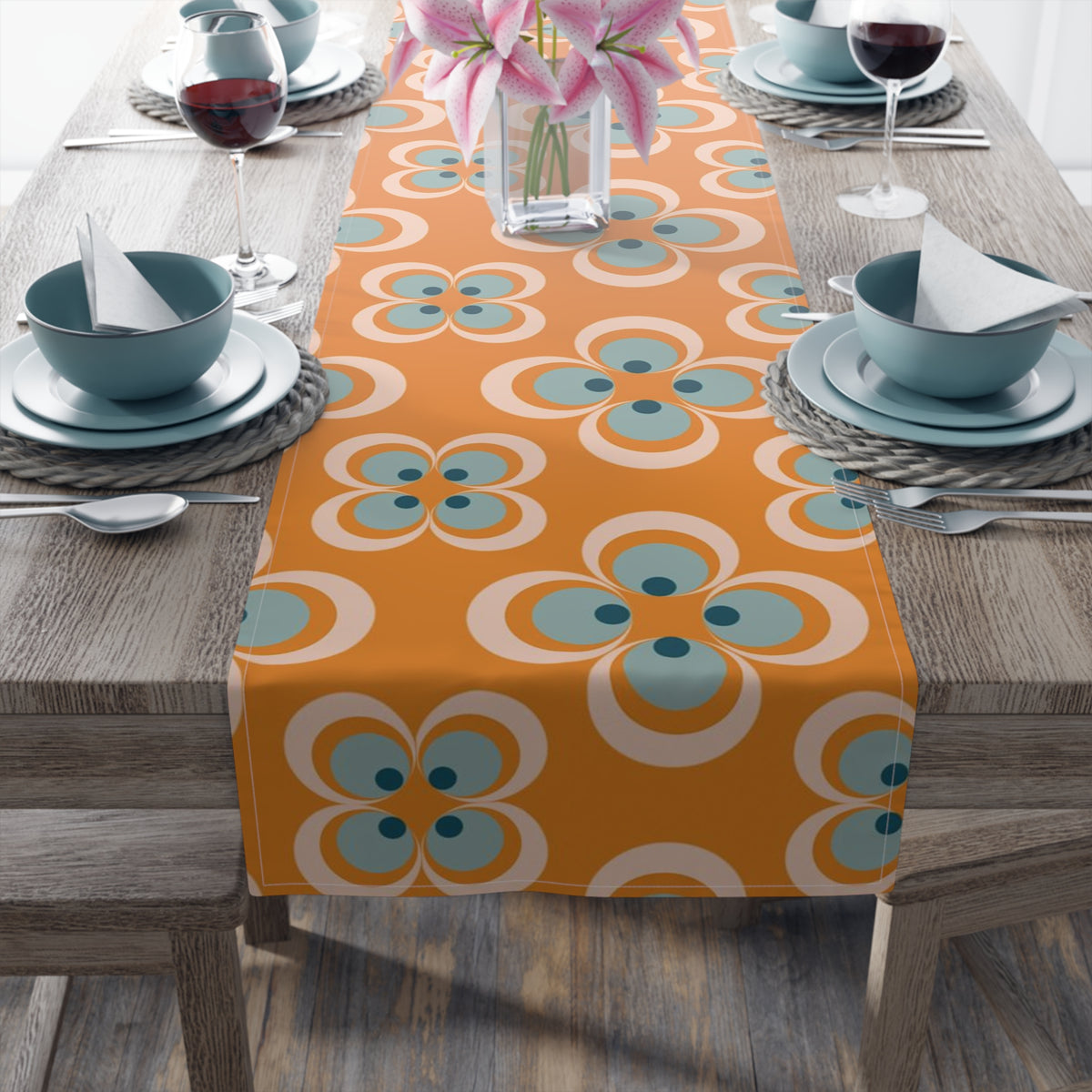Mid Century Modern Table Runner, Retro Scandinavian Modern Danish Geometric Design, Orange, Blue Table Runner - Mid Century Modern Gal