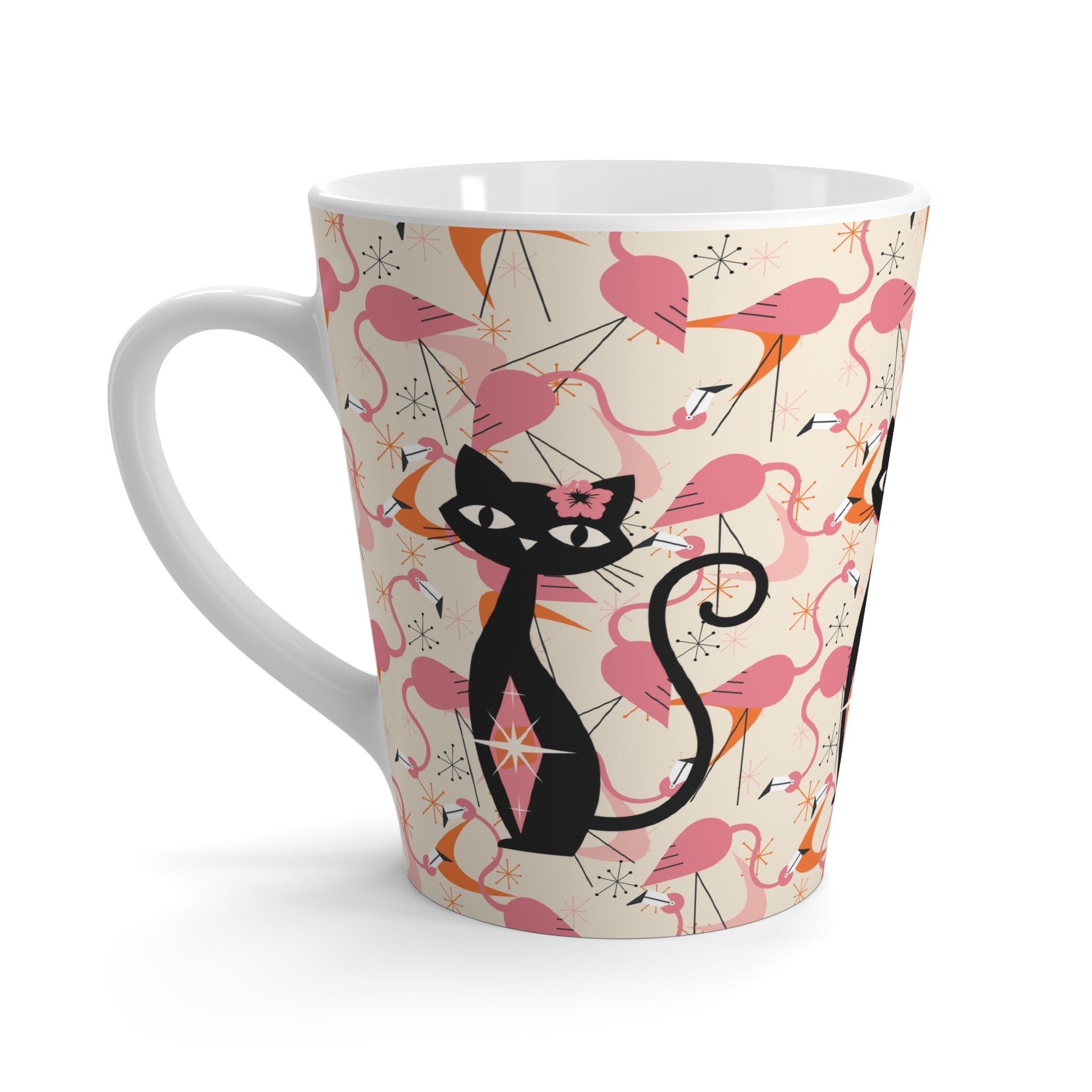 Atomic Cat, Kitschy Mod Dancing Flamingos Fun Ceramic Coffee Cup for Cat Lovers - Mid Century Modern Gal