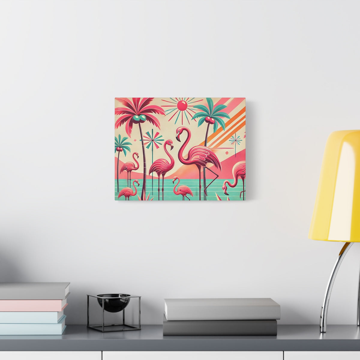 1950s Mid Century Modern Flamingo Art, Kitschy Pink, Teal, MCM Matte Canvas - Mid Century Modern Gal