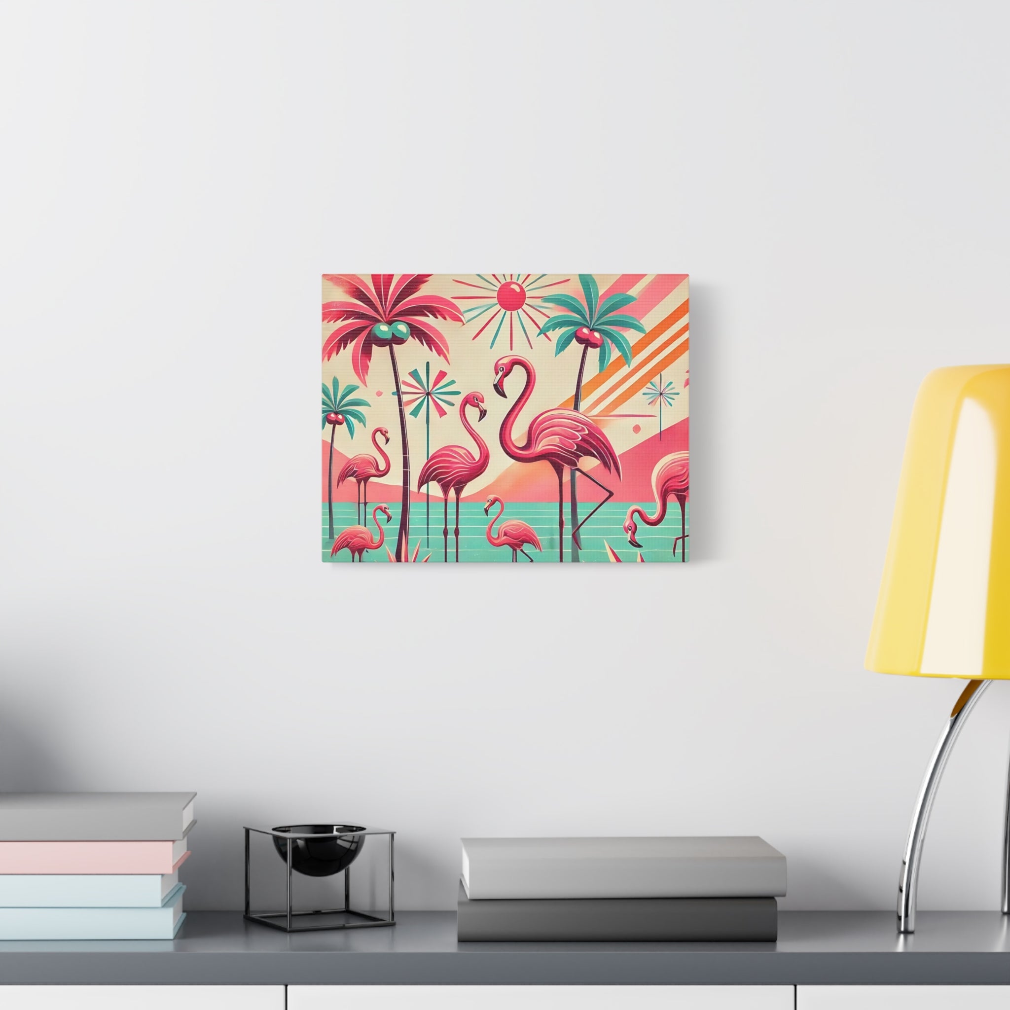 1950s Mid Century Modern Flamingo Art, Kitschy Pink, Teal, MCM Matte Canvas - Mid Century Modern Gal