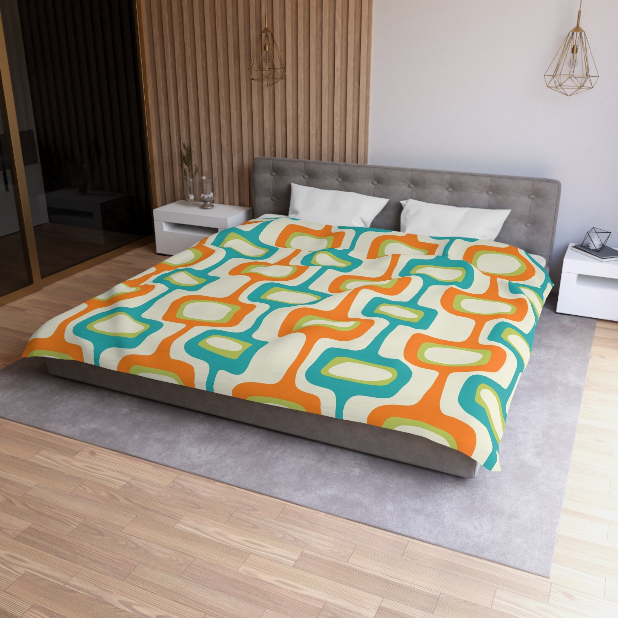Mid Mod, MCM Teal, Orange, Cream Retro Groovy, Funky Fun Mid Century Modern Duvet Cover - Mid Century Modern Gal