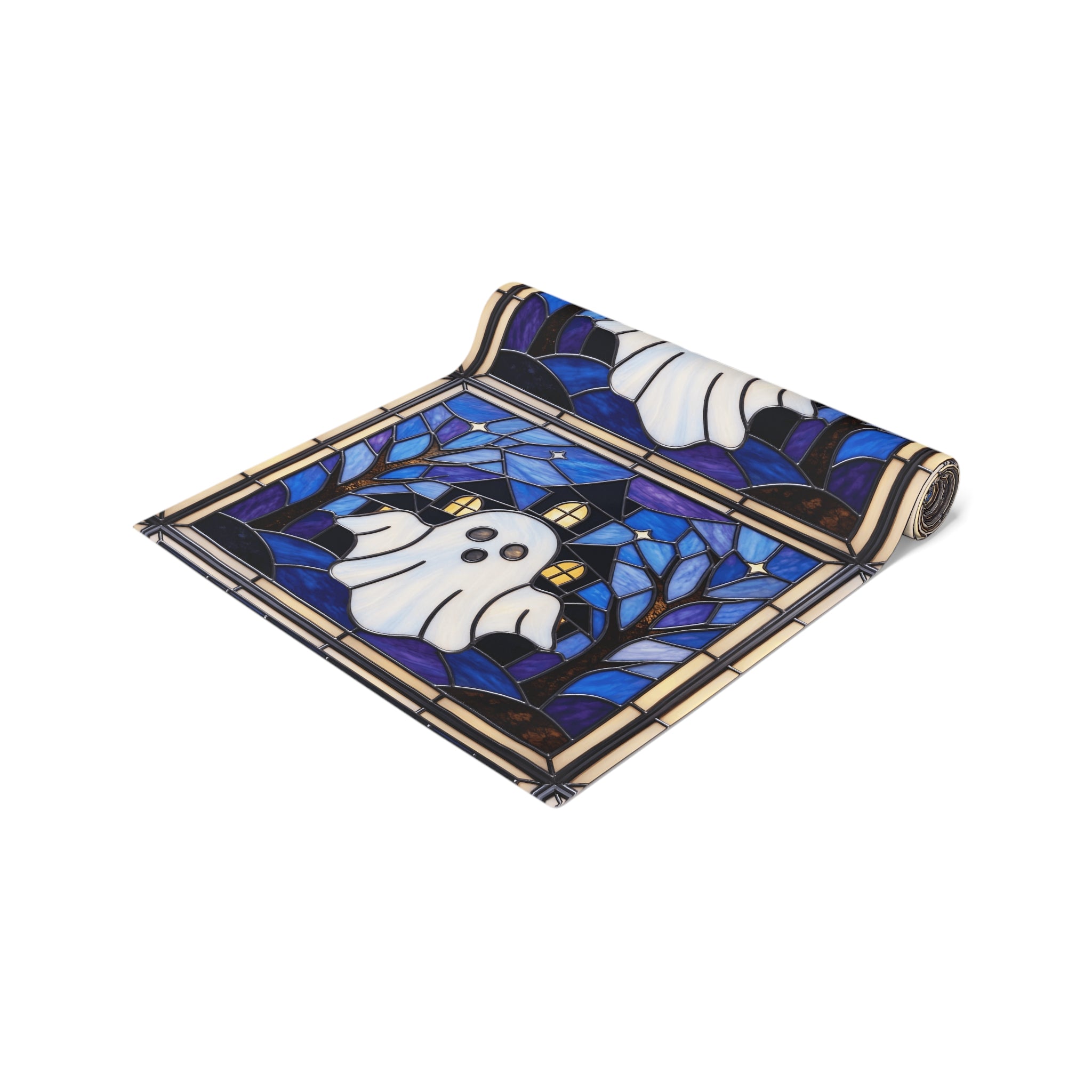 Halloween Stained Glass Style Ghost Haunted House Table Runner
