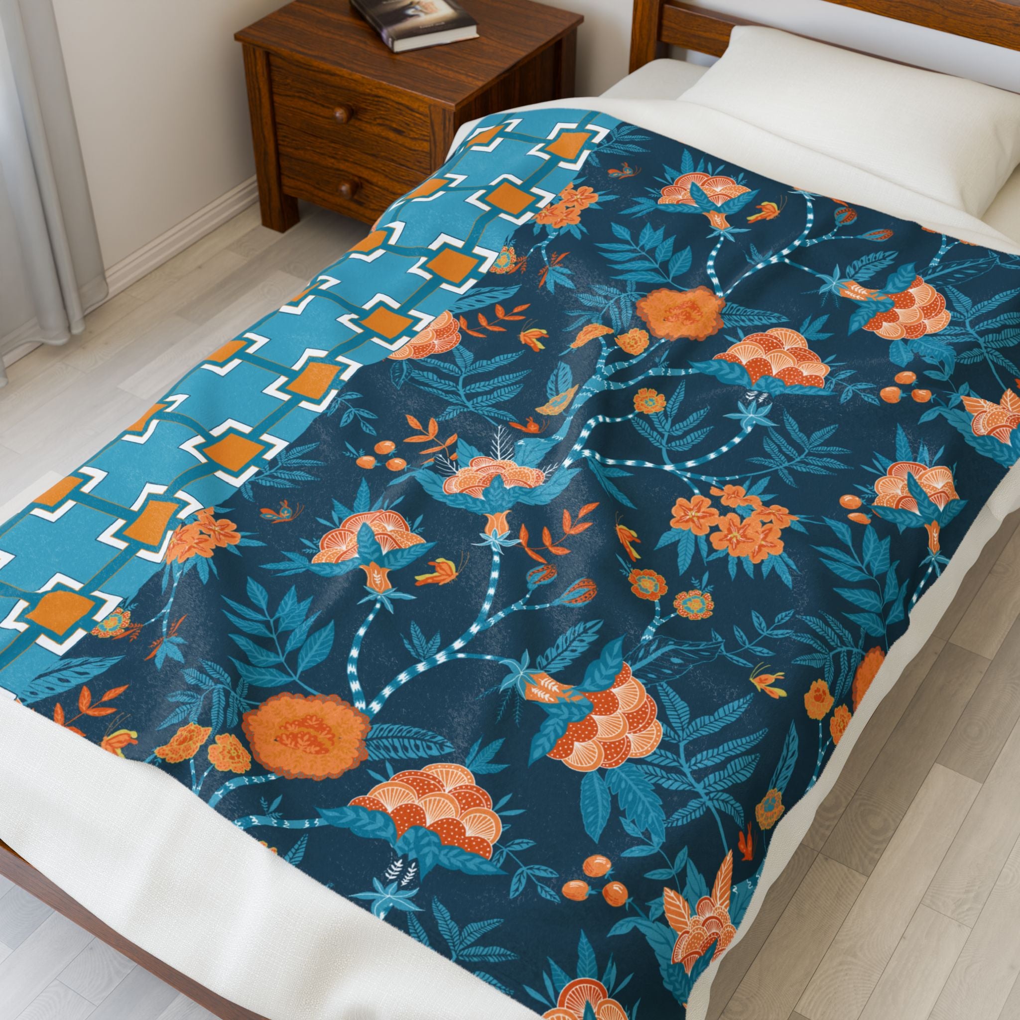 Chinoiserie Throw Blanket Blue, Orange Tropical Floral Velveteen Plush Blanket - Cozy Home Decor for All Seasons - Mid Century Modern Gal