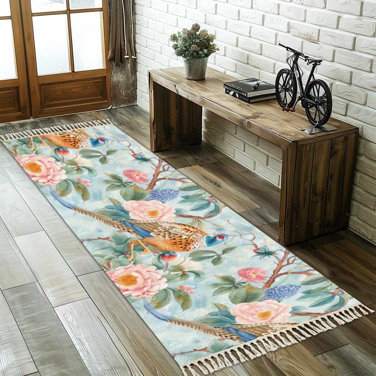 Chinoiserie Floral Pheasant Modern Runner Rug With Tassel Edges - Mid Century Modern Gal