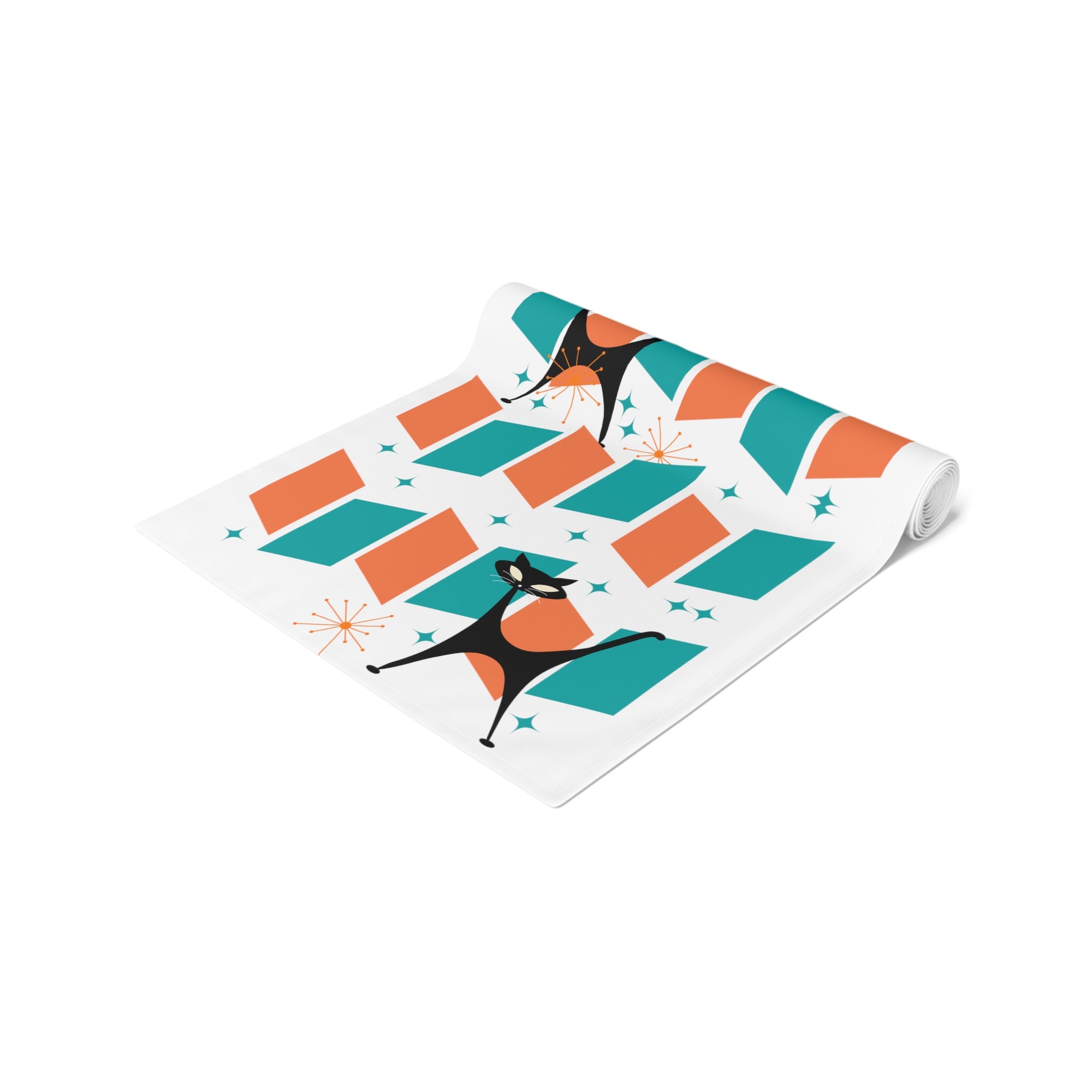 Atomic Cat Mid Mod Orange, Teal, Kitschy Retro Table Runner - Mid Century Modern Gal