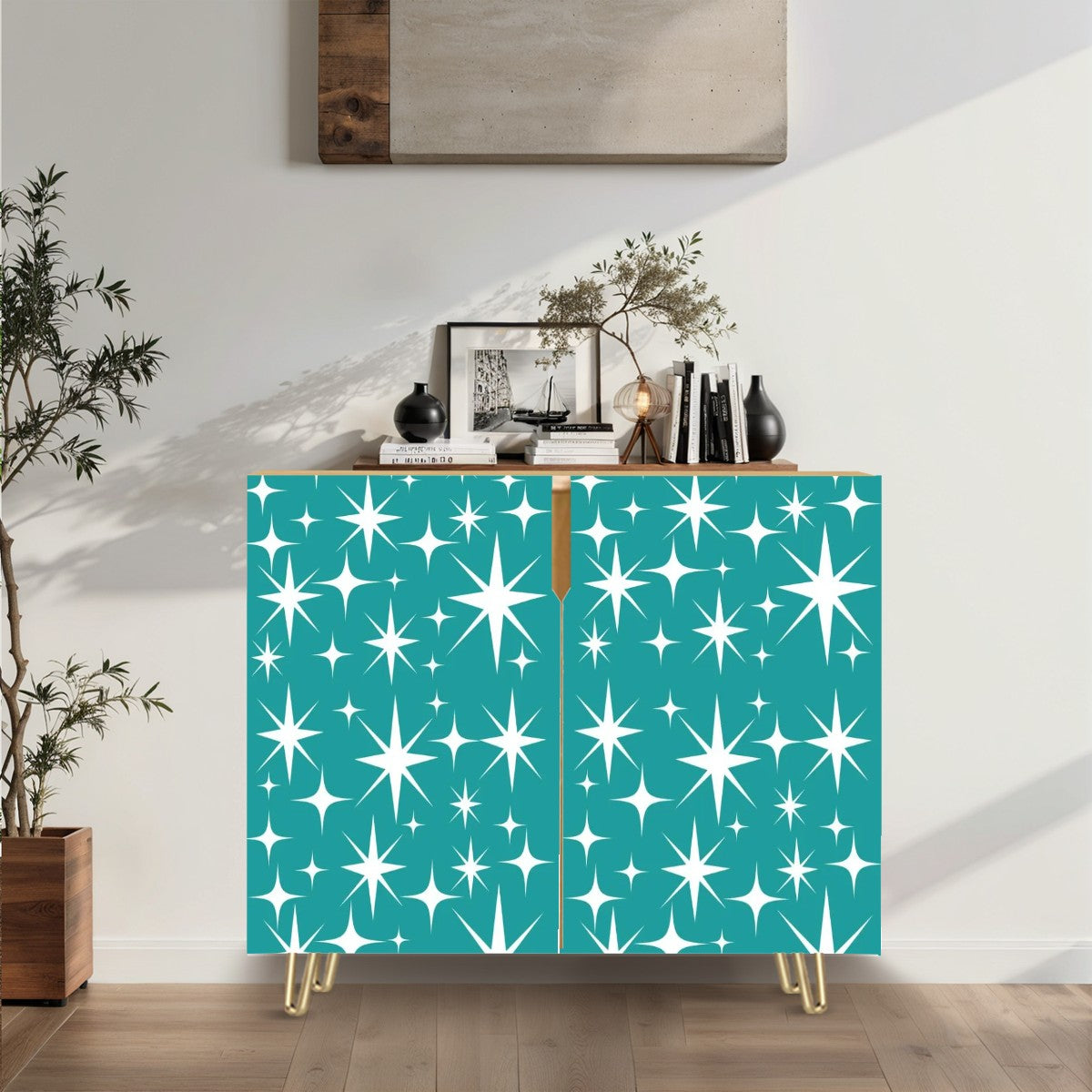 Mid Century Modern Bar, Kitchen Dining Atomic Starburst Aqua Wooden Storage Cabinet - Mid Century Modern Gal