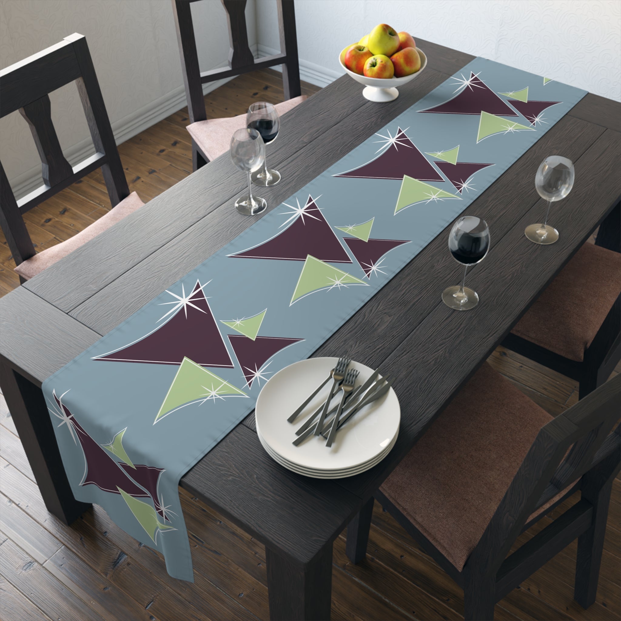 Mid Century Modern Table Runner Indigo Blue, Purple Green Retro Table Linens - Mid Century Modern Gal