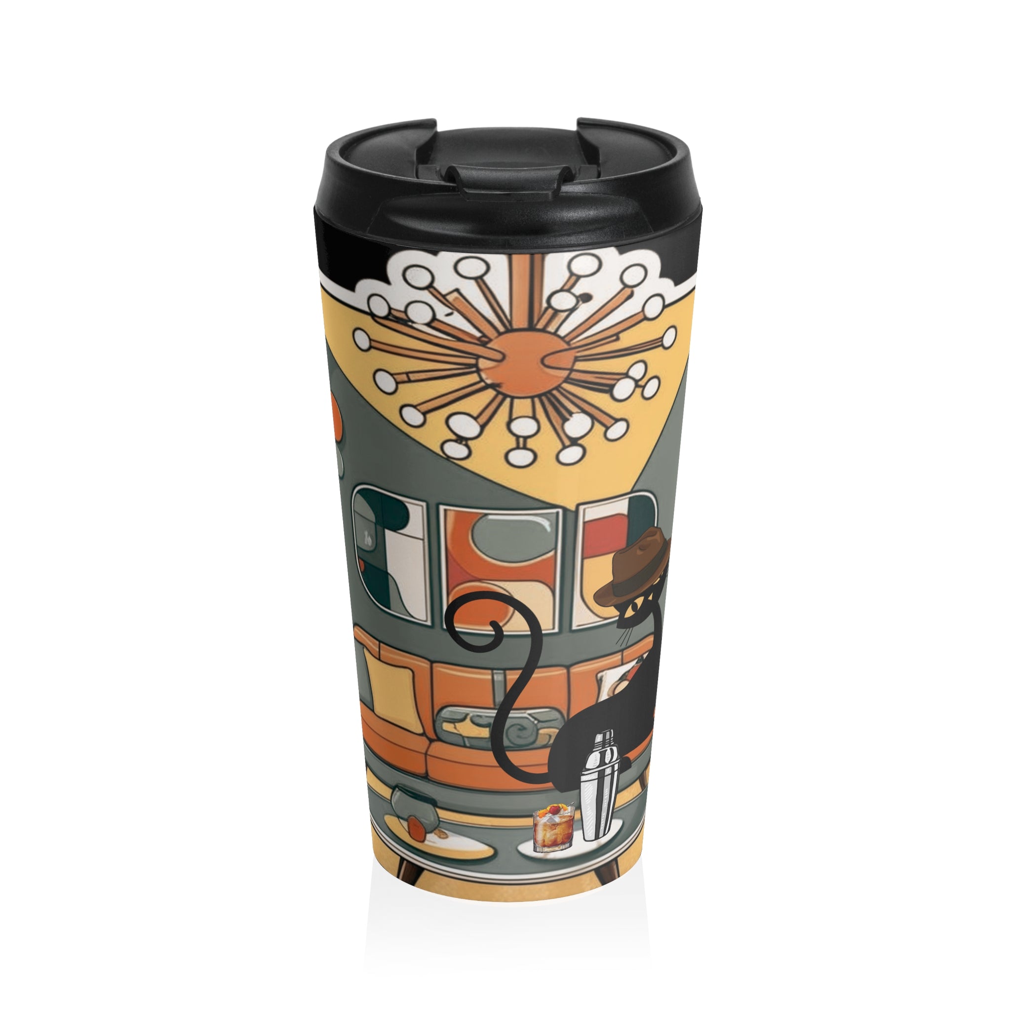 Mid-Century Modern Atomic Cat, Retro Stainless Steel Travel Mug - Stylish Coffee Cup for Home and Office - Mid Century Modern Gal