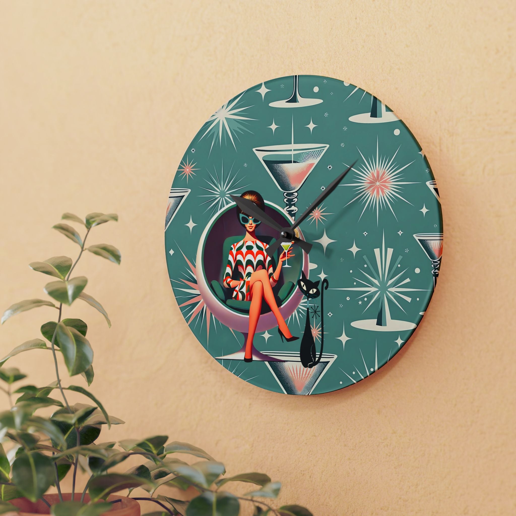 Retro 60s Gal, Martini Lover, Atomic Cat Glam Acrylic Wall Clock - Mid-Century Modern Design with Chic Cocktail Vibe - Mid Century Modern Gal