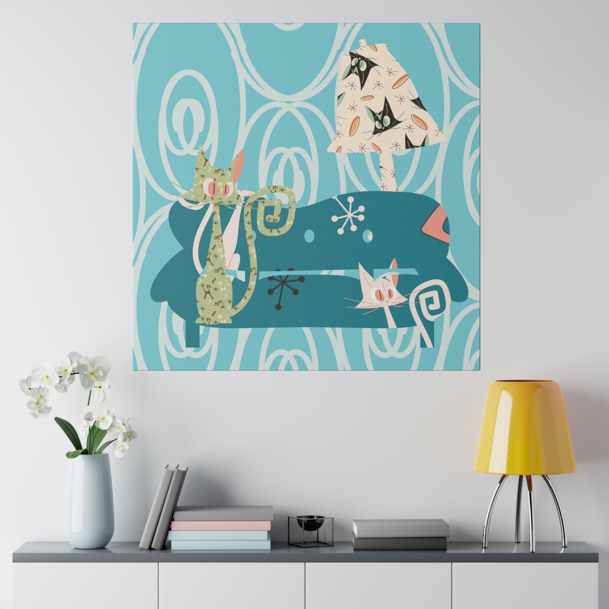 Atomic Cat Art, Quirky Kitschy Blue, Green, Teal Mid Century Modern Wall Art - Mid Century Modern Gal
