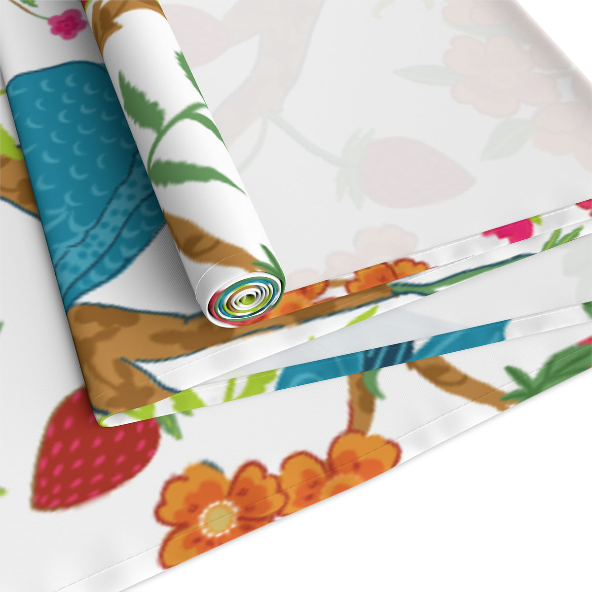 Exotic Birds In Paradise, Pink Golden, Blue Chinoiserie Table Runner - Mid Century Modern Gal