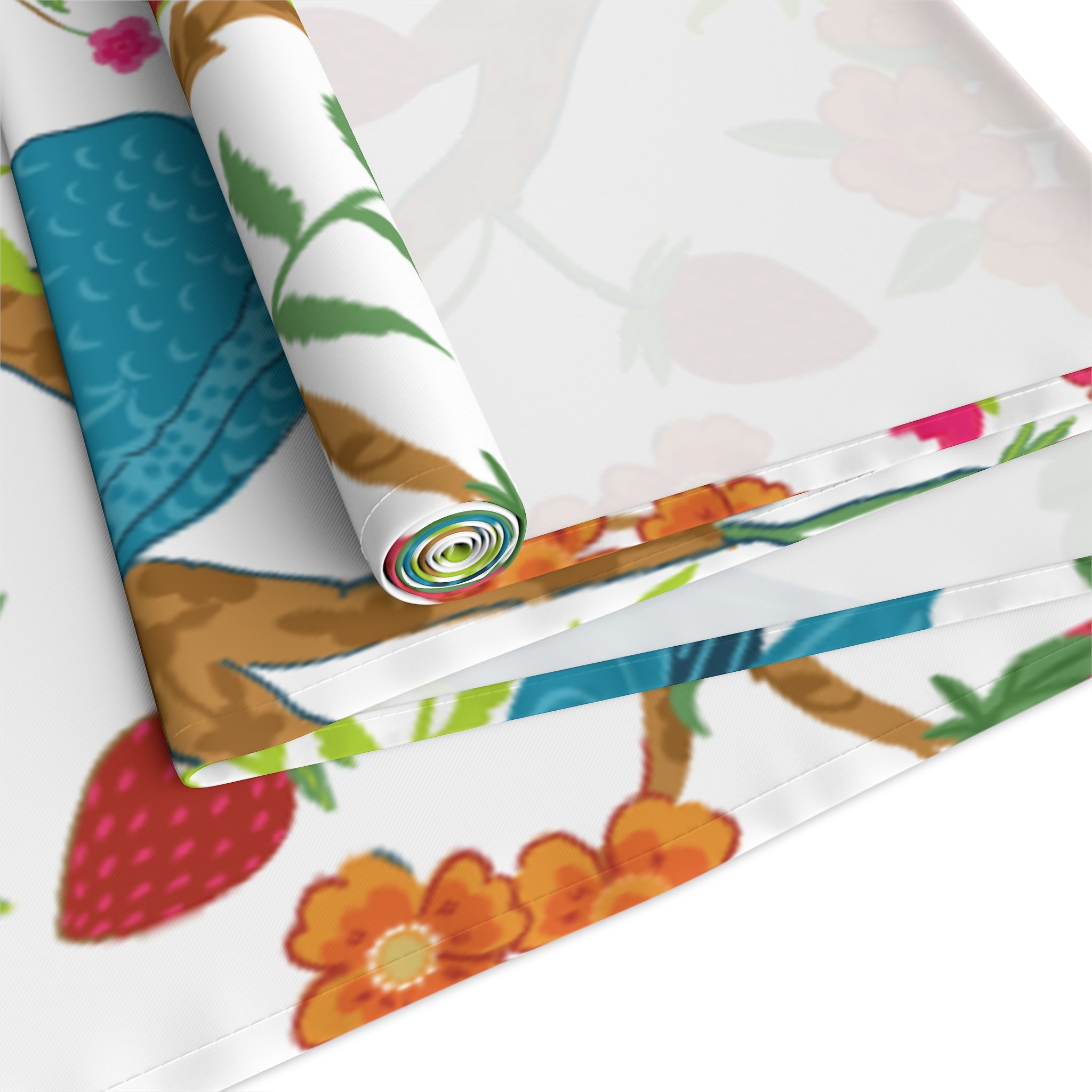 Exotic Birds In Paradise, Pink Golden, Blue Chinoiserie Table Runner - Mid Century Modern Gal