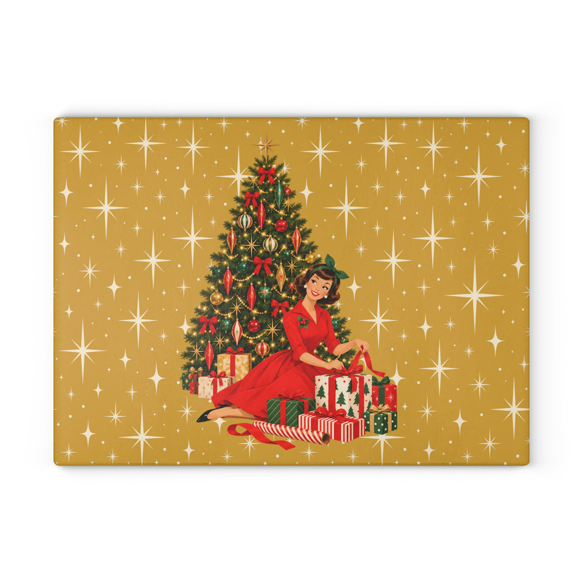 Mid Century Modern Christmas Glamour Gal Wrapping Presents by Tree, Gold Atomic Starbursts Glass Cutting Board