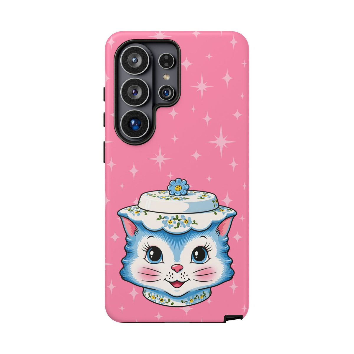 Mid Century Modern Kitschy Anthropomorphic Blue Cat with Floral Hat Tough Phone Case