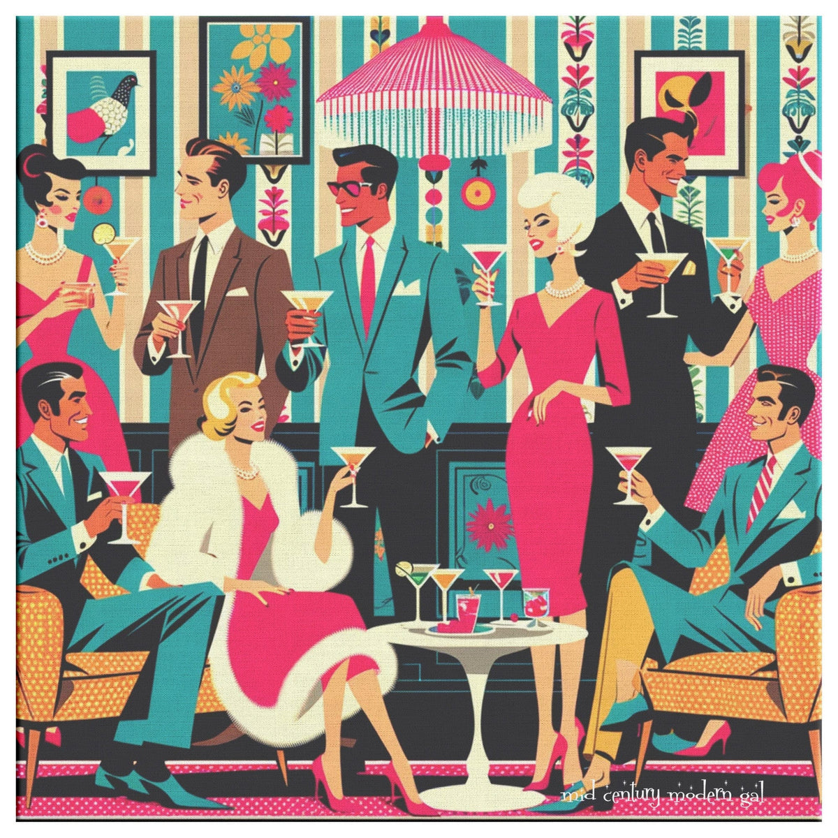 1950's Atomic Martini Cocktail Party, Kitschy Mid Century Modern Wall Art Canvas