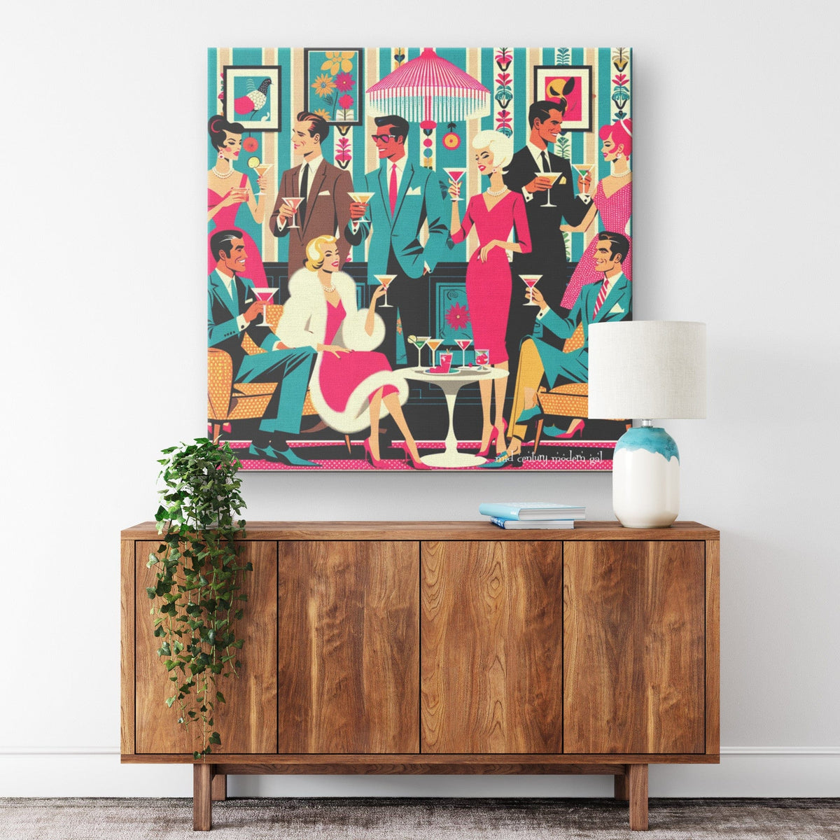 1950's Atomic Martini Cocktail Party, Kitschy Mid Century Modern Wall Art Canvas