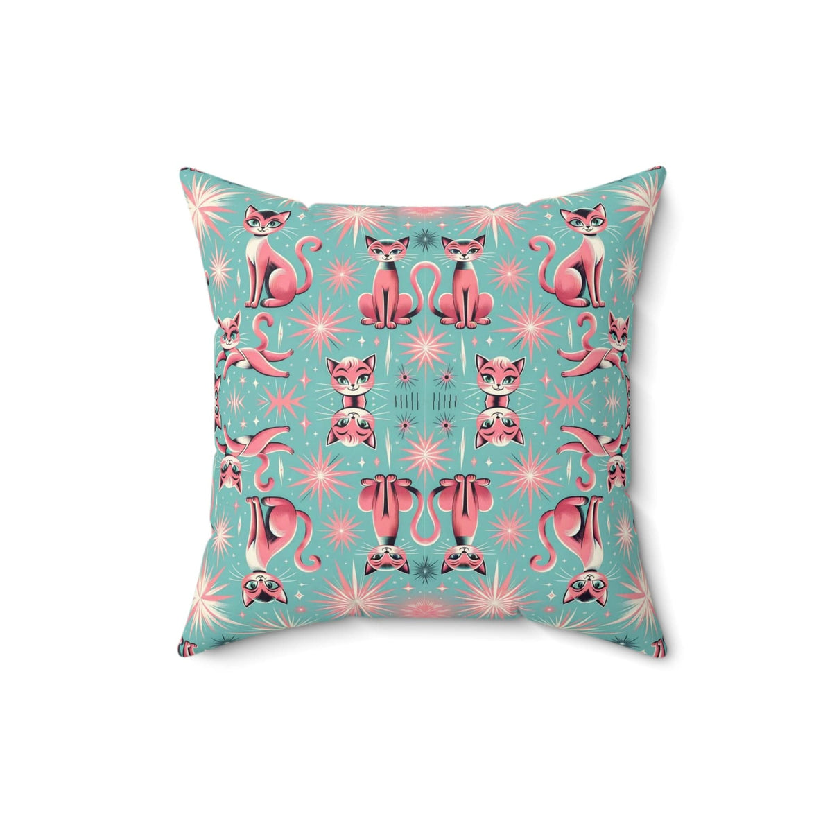 1950's Pink Kitty Cats, Quirky Kitschy Aqua Blue, Pink, MCM Pillow And Cover Home Decor