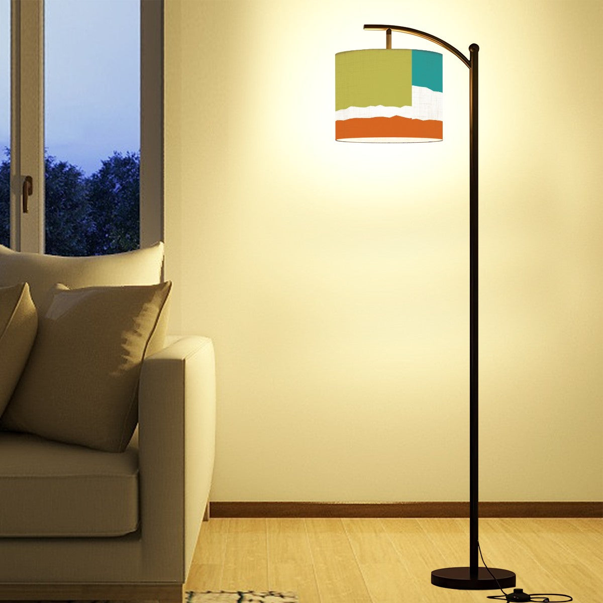 Mid Century Modern Patchwork Green, Teal, Orange MCM Arc Floor Lamp - Mid Century Modern Gal
