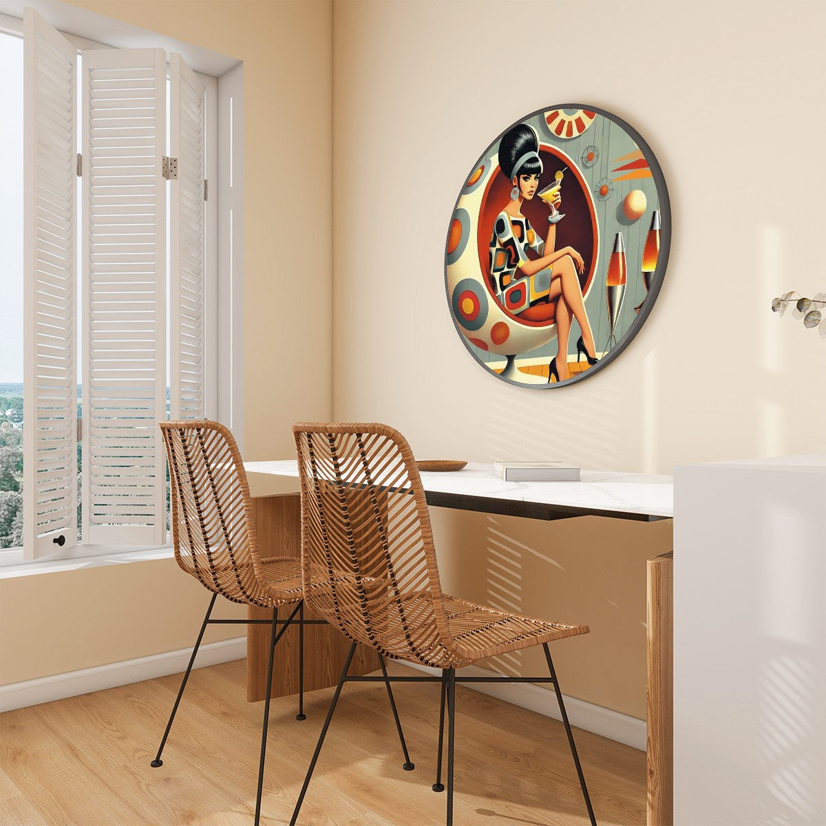Mid Mod 60 Retro Gal Round Framed Canvas Wall Art - Mid Century Modern Gal