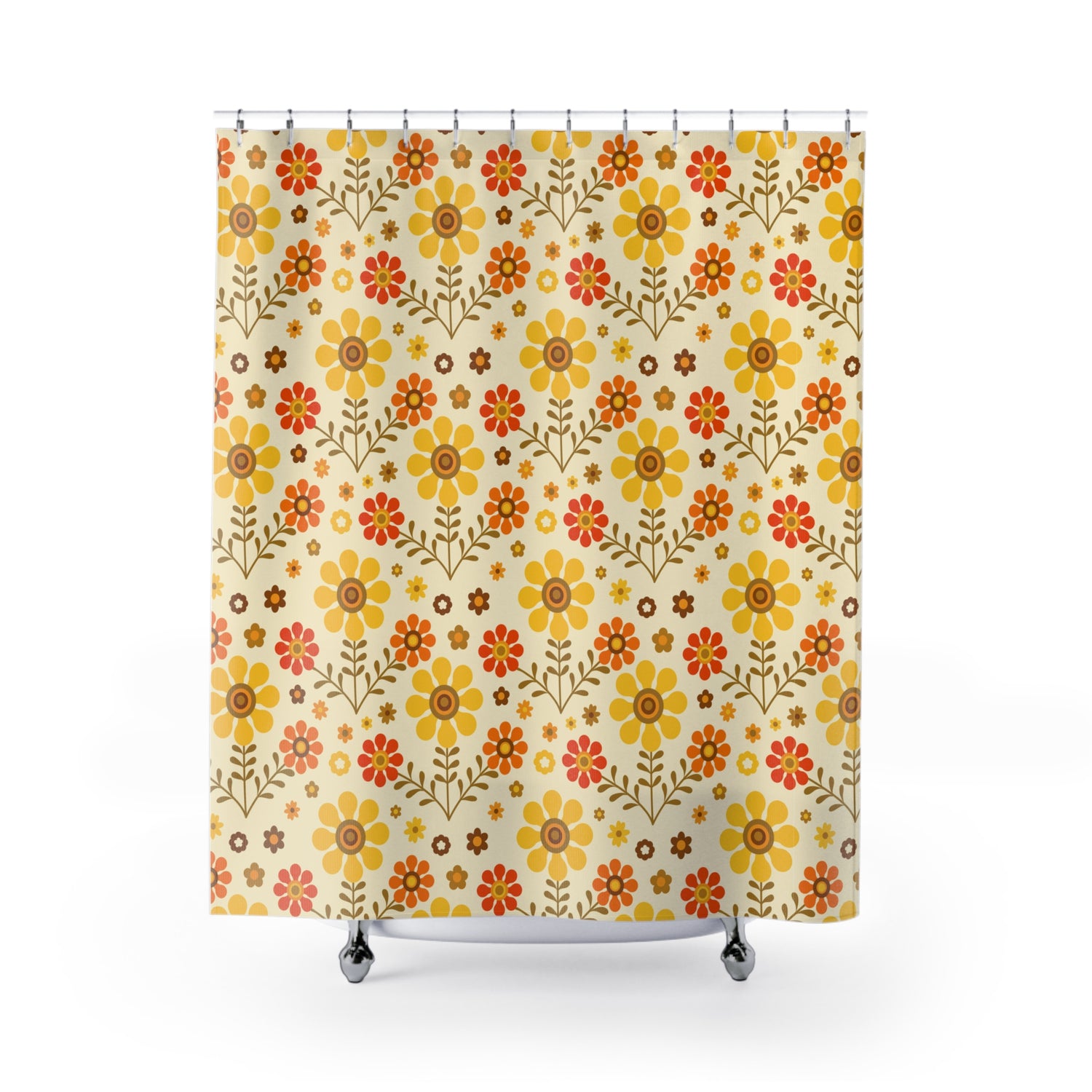 1970s Groovy Flower Power Golden Yellow, Orange Pop Of Funky Fun Shower Curtain - Mid Century Modern Gal