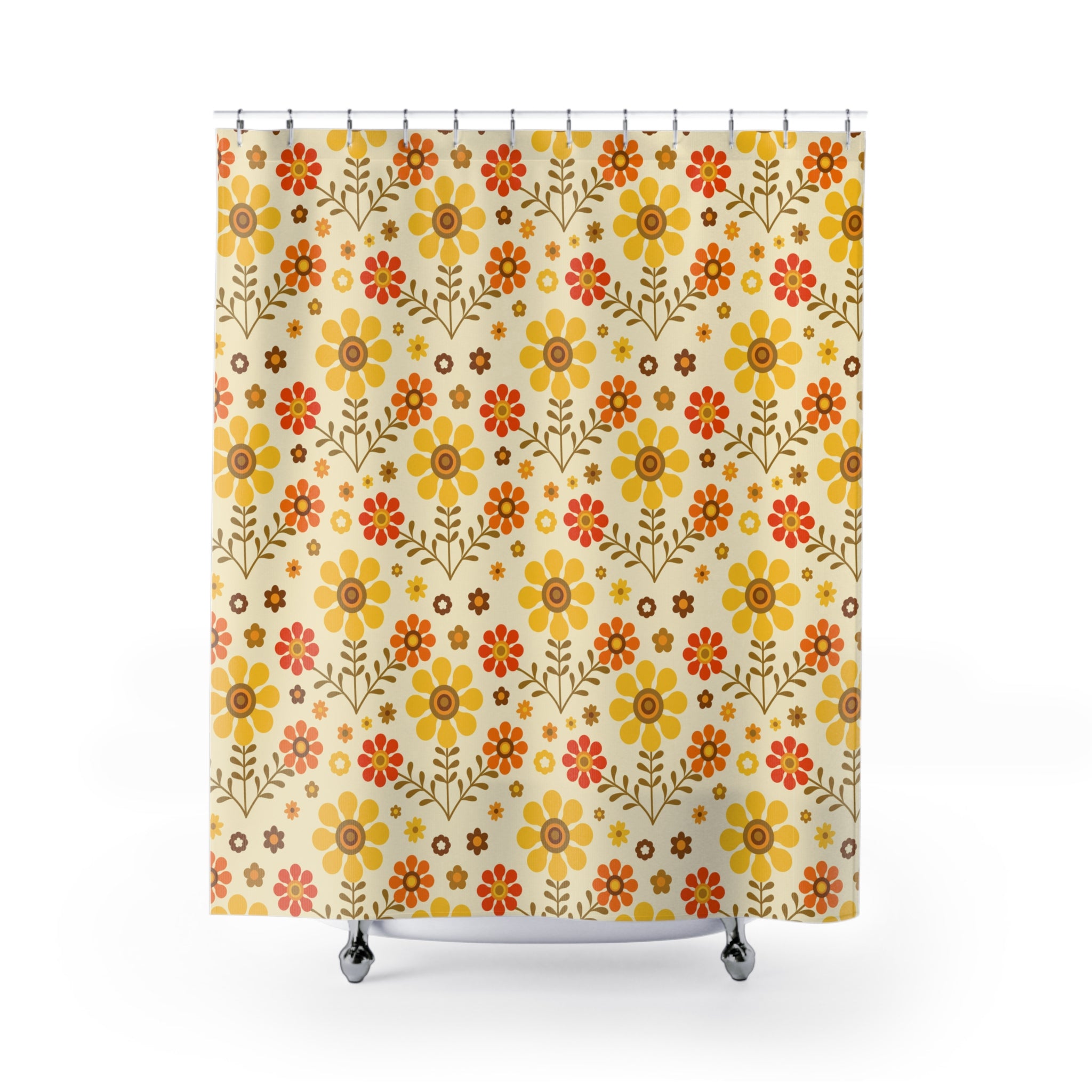 1970s Groovy Flower Power Golden Yellow, Orange Pop Of Funky Fun Shower Curtain - Mid Century Modern Gal