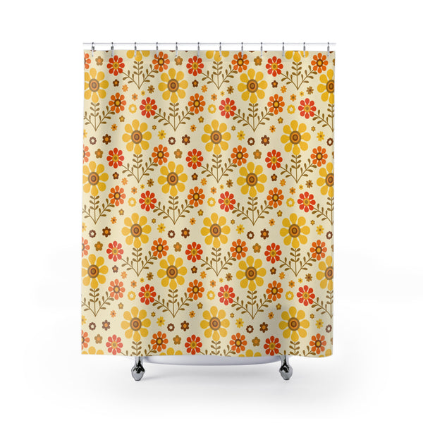 1970s Groovy Flower Power Golden Yellow, Orange Pop Of Funky Fun Shower Curtain