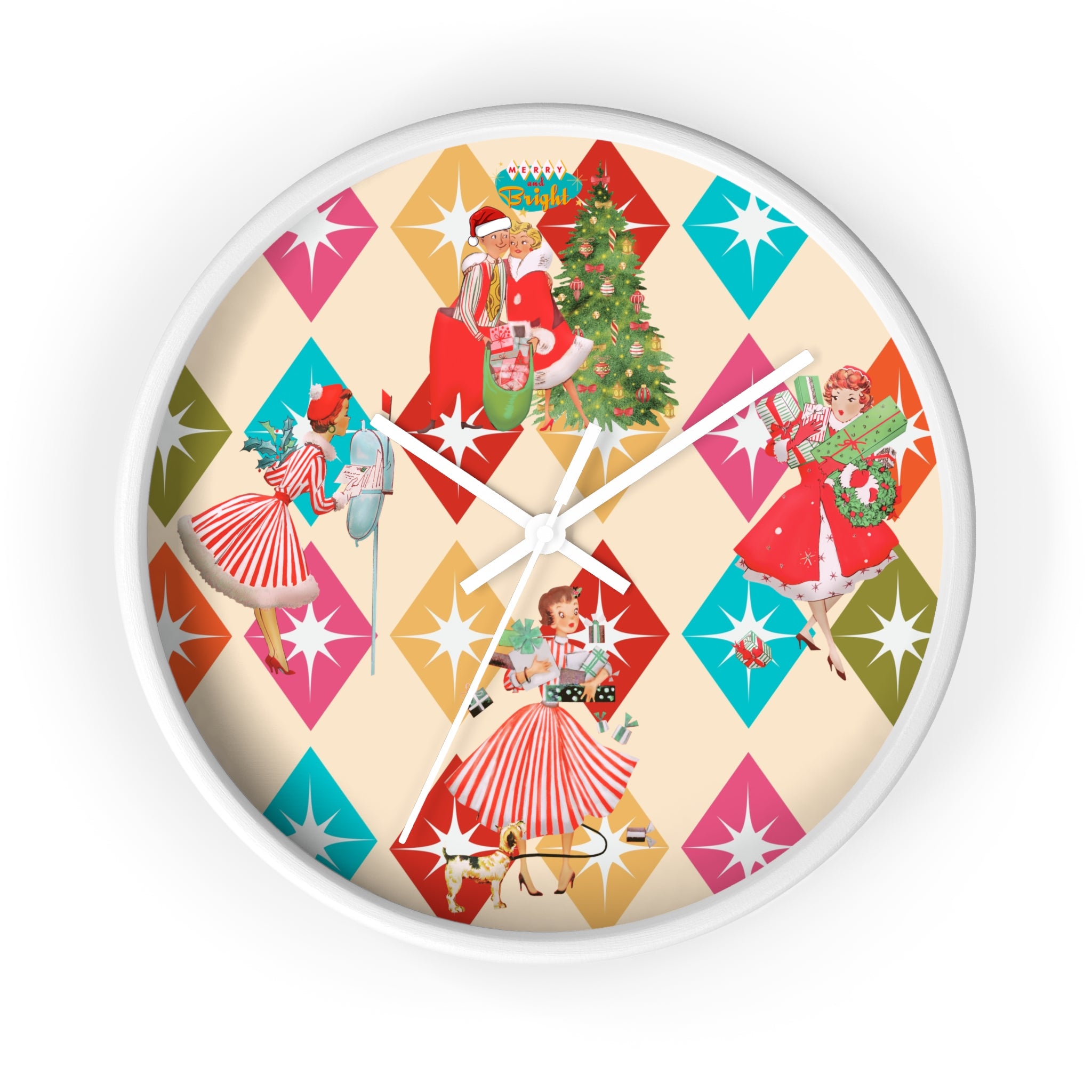 Holiday Retro Vintage Christmas Kitsch, Mid Century Modern Christmas Card Fun Kitschy 50s X-mas Wall Clock - Mid Century Modern Gal