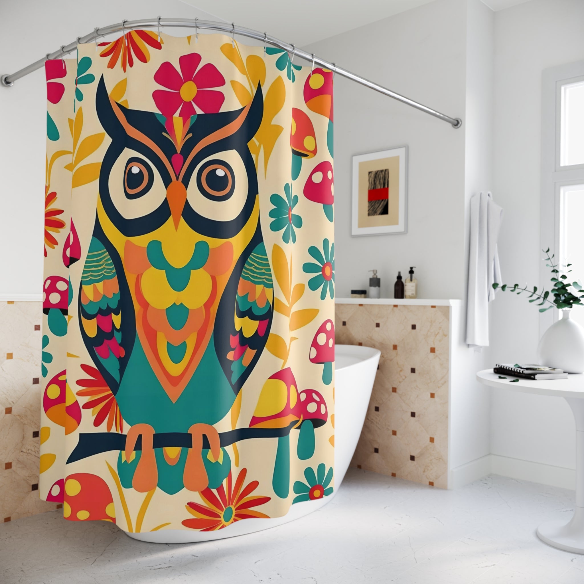 Retro 70s Groovy Owl, Mushroom Colorful Owl Shower Curtain - Vibrant Floral Design for Bathroom Decor - Mid Century Modern Gal