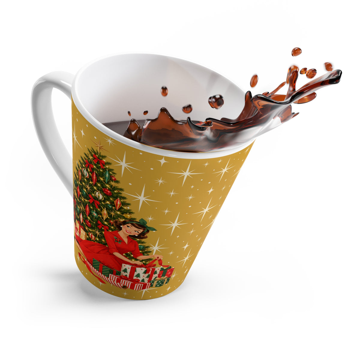 Mid Century Modern Christmas Glamour Gal Wrapping Presents by Tree, Gold Atomic Starbursts Latte Mug