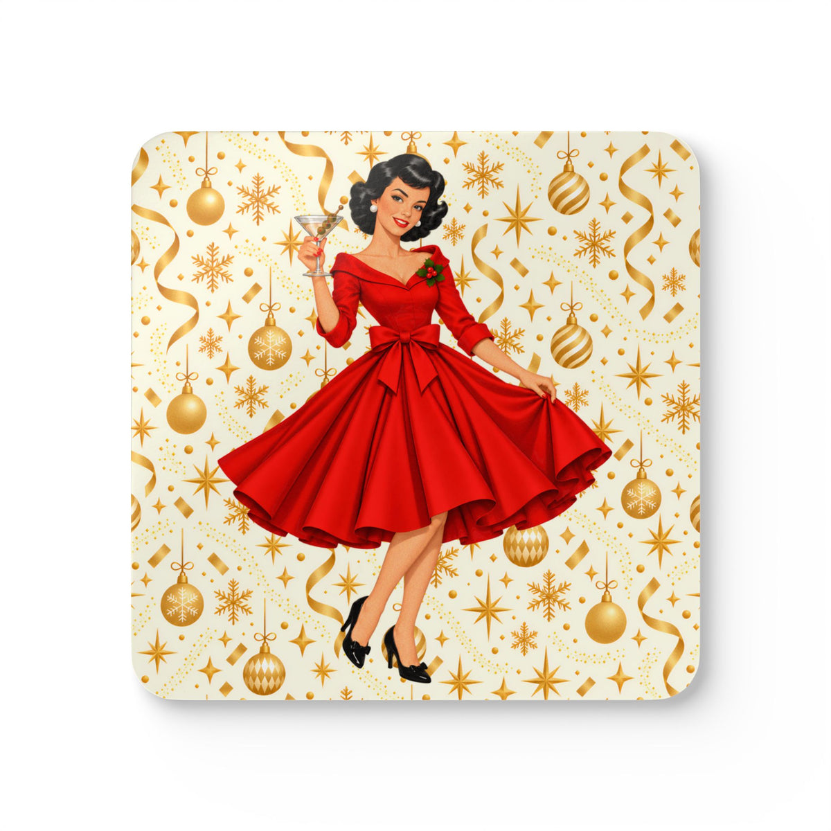 Mid Century Modern Christmas Martini Gal Corkwood Coaster Set