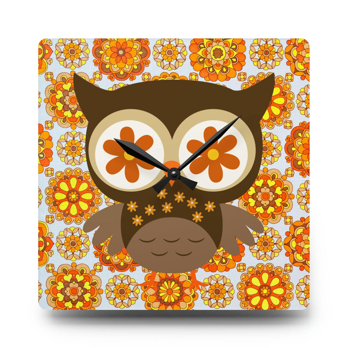 1970's Retro Owl Orange, Mod Groovy Flower Power, Acrylic Wall Clock Home Decor