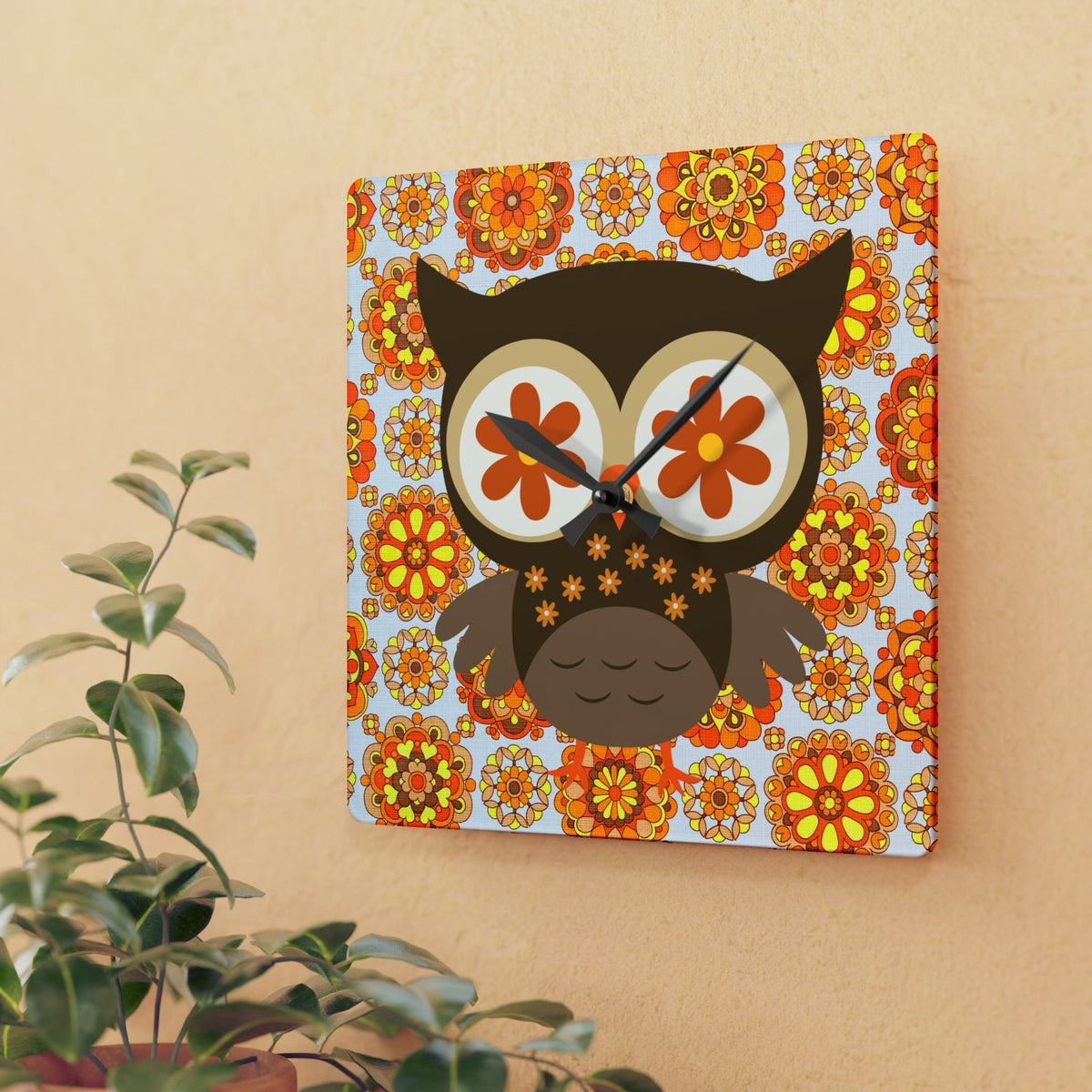1970's Retro Owl Orange, Mod Groovy Flower Power, Acrylic Wall Clock Home Decor