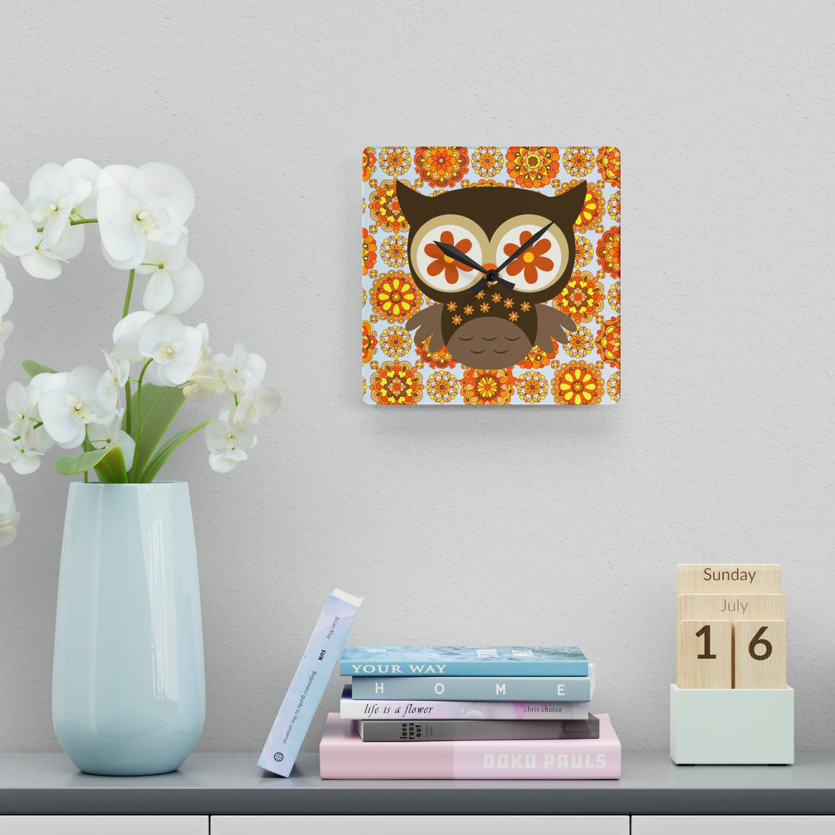 1970's Retro Owl Orange, Mod Groovy Flower Power, Acrylic Wall Clock Home Decor