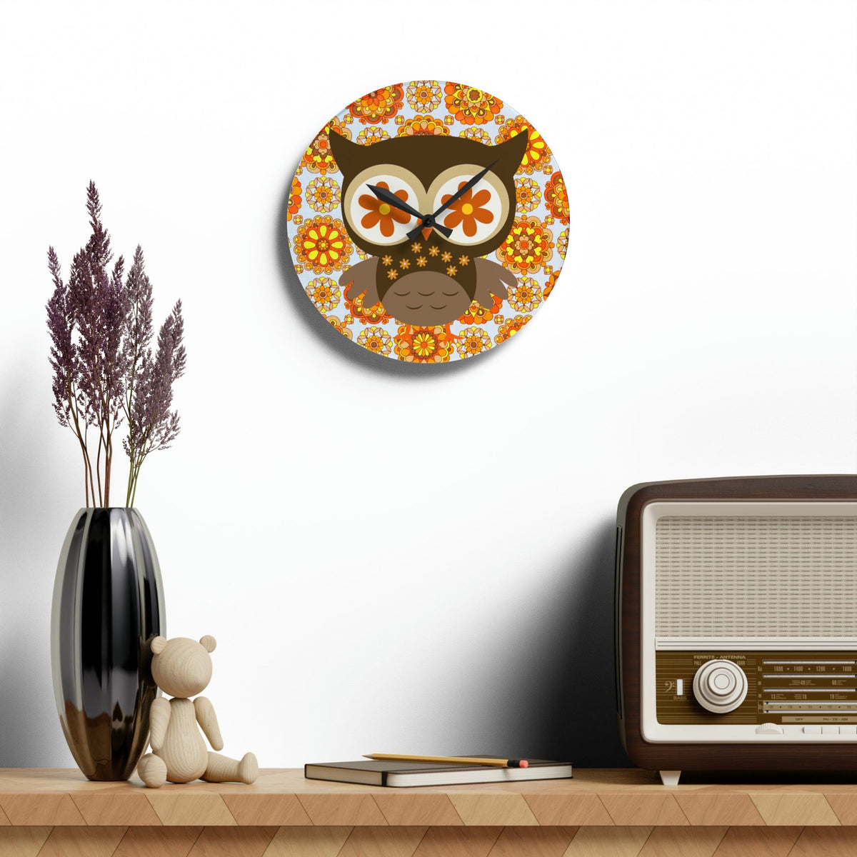 1970's Retro Owl Orange, Mod Groovy Flower Power, Acrylic Wall Clock Home Decor