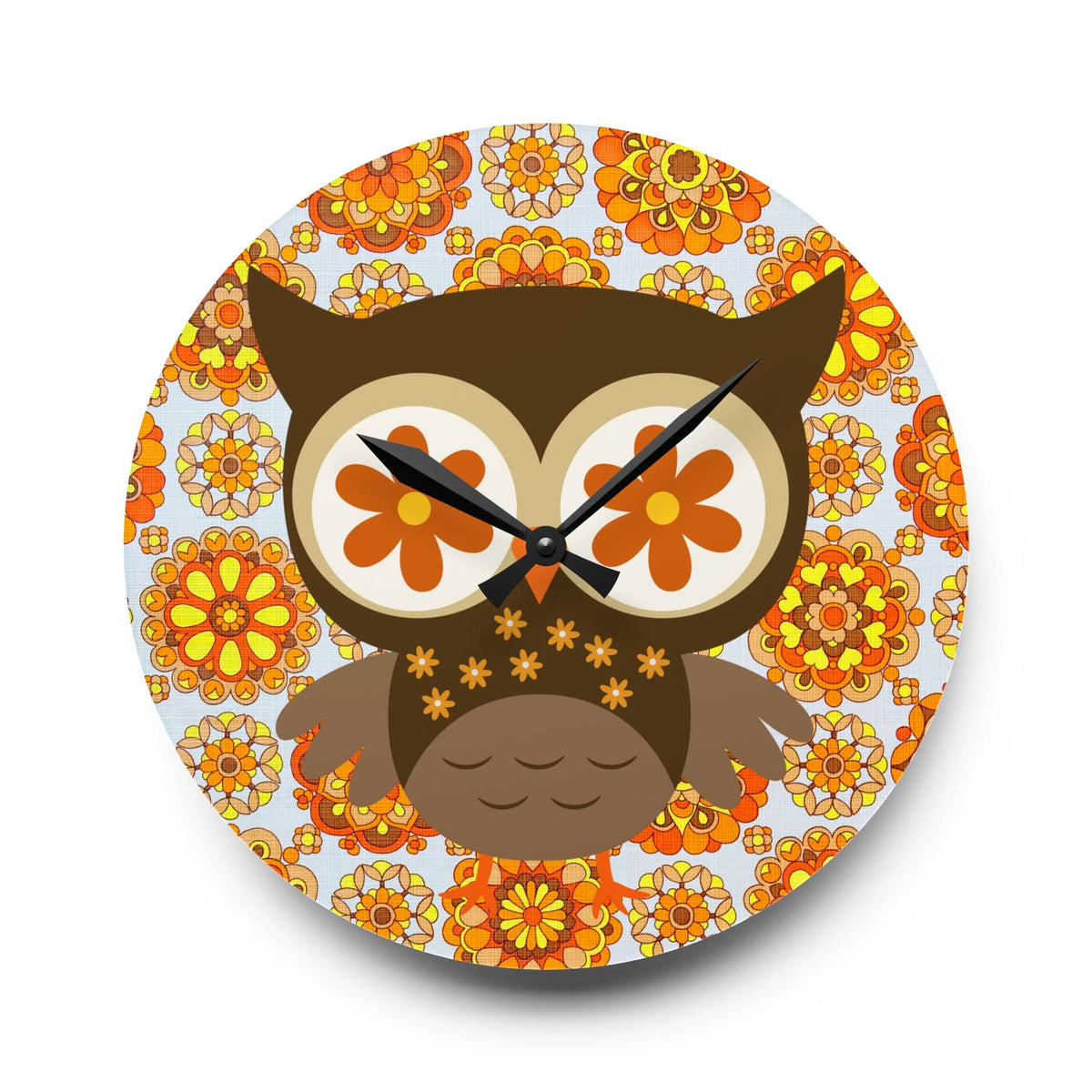 1970's Retro Owl Orange, Mod Groovy Flower Power, Acrylic Wall Clock Home Decor