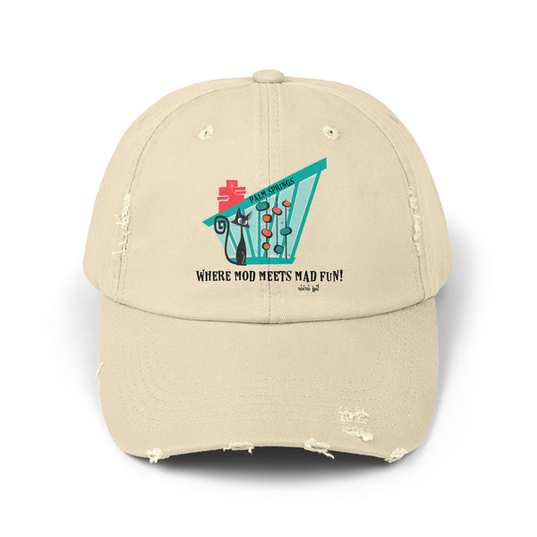 Atomic Cat Modernism Palm Springs California, Mid Mod Funky Fun Retro Distressed Cap - "Where Mod Meets Mad Fun!"