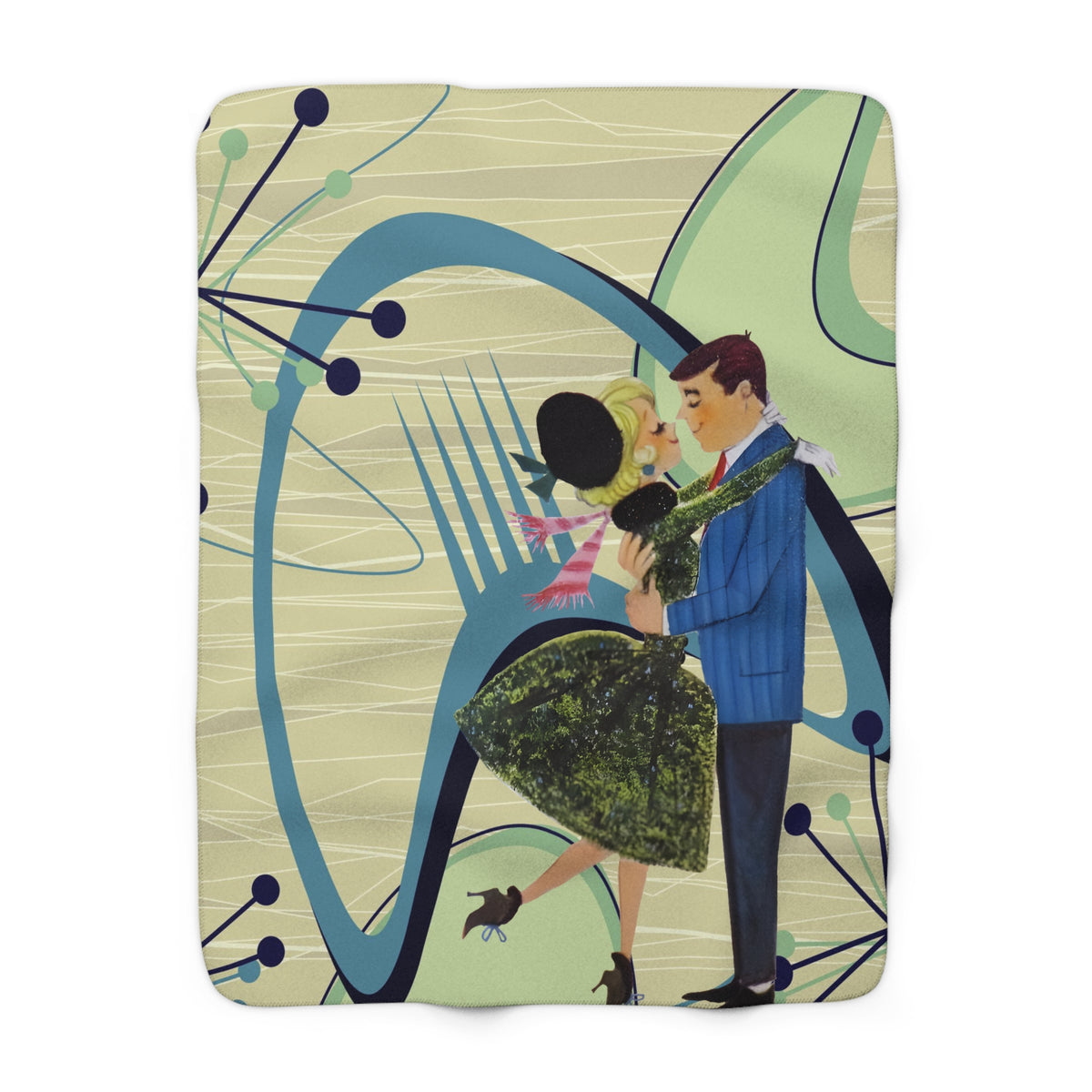50s Vintage Kitschy Christmas Atomic Boomerang Mod Couple, Christmas Blanket Throw MCM X-mas Gifts - Mid Century Modern Gal