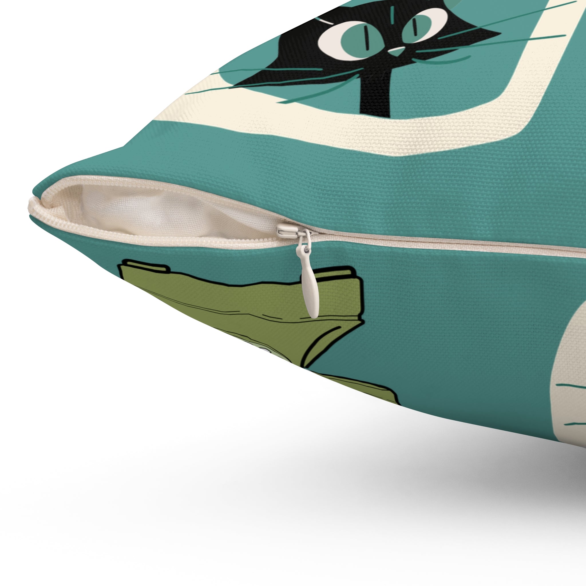 Atomic Space Cat, Teal Mid Century Modern Kitschy Mod Decorative Pillow - Mid Century Modern Gal