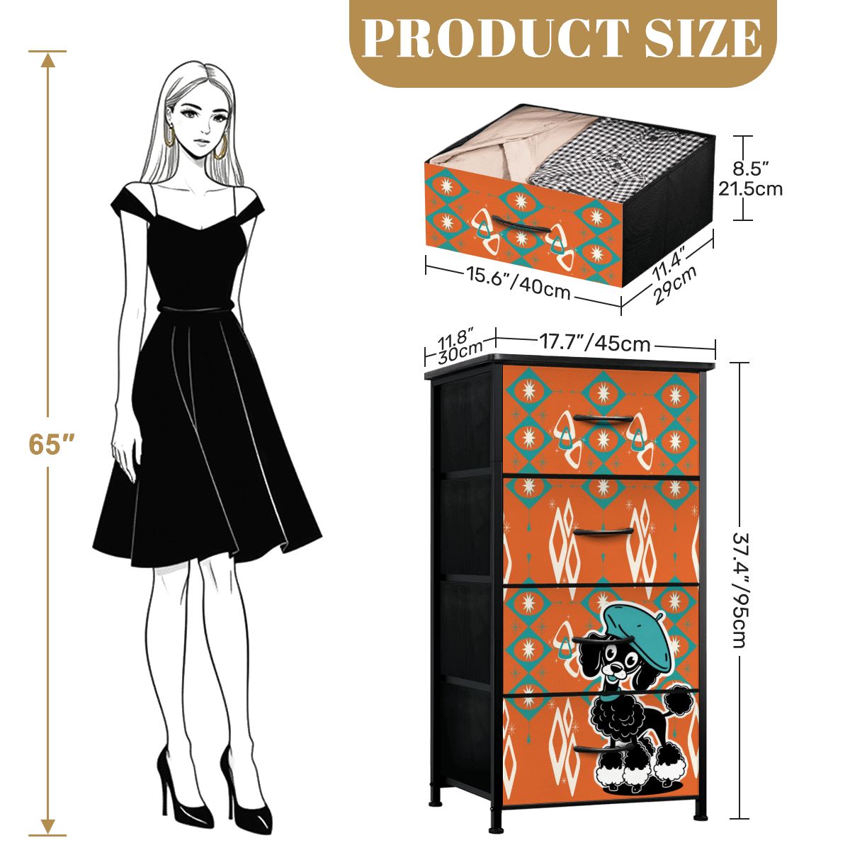 Atomic Orange Starburst Diamonds, Teal Mid Century Modern Kitschy Mod Poodle 4-Drawer Dresser - Mid Century Modern Gal
